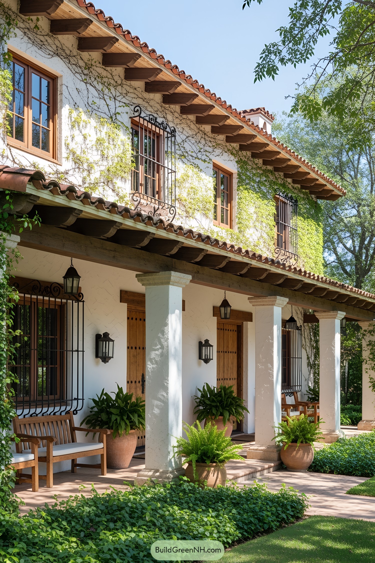 Charming Spanish-style house with terracotta roof and lush greenery