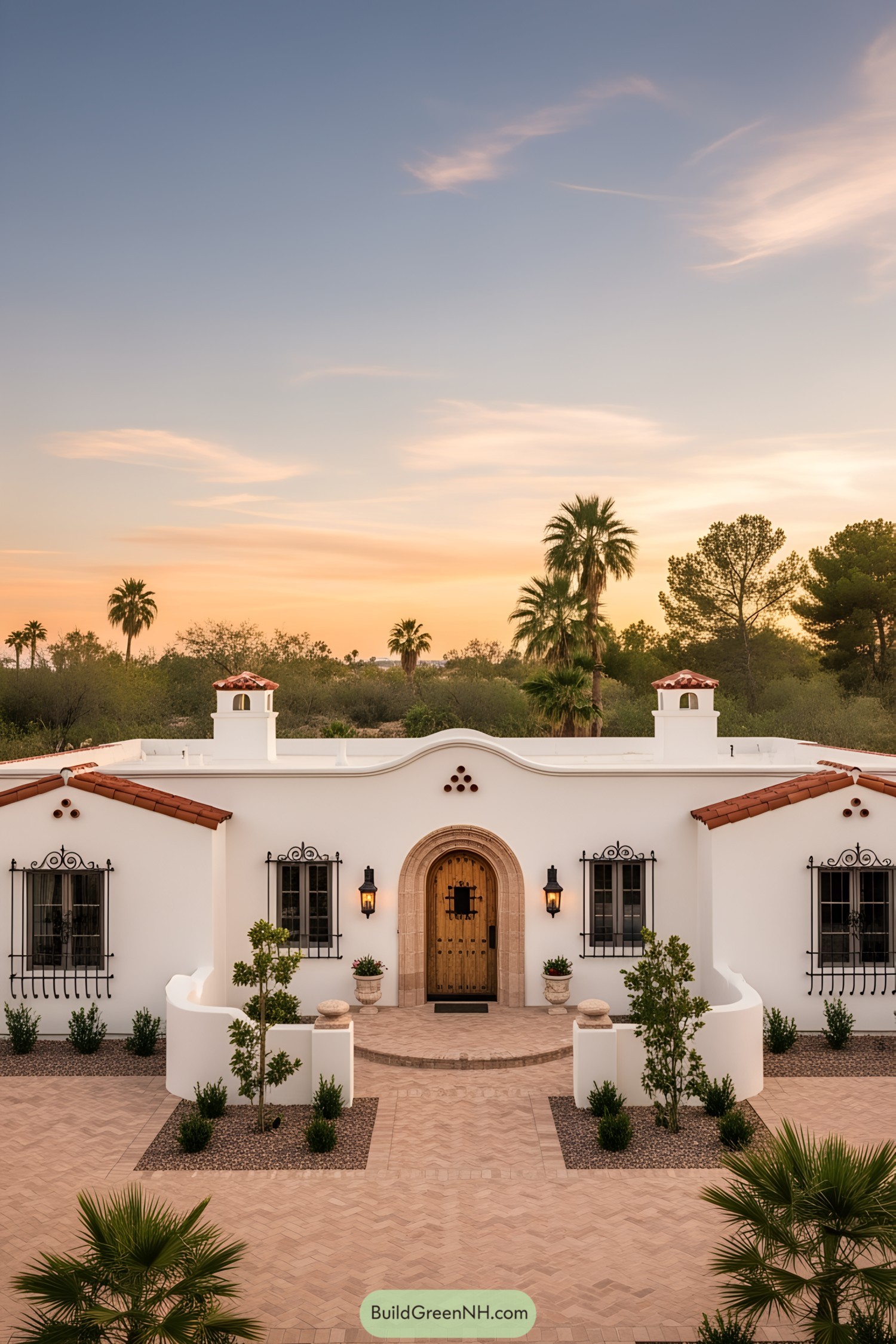 White Spanish-style house with terracotta roof at sunset