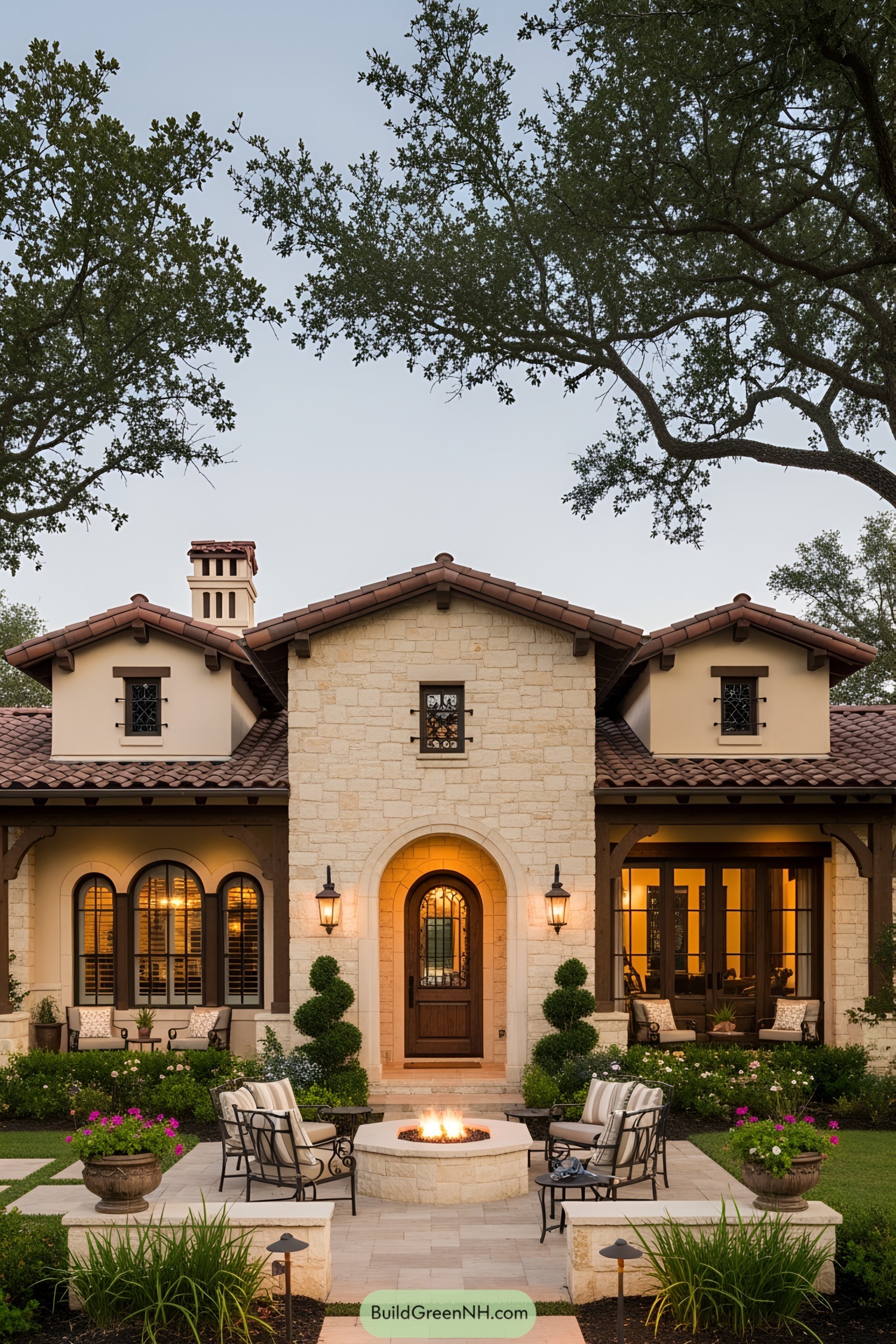 Charming Spanish ranch house with arched windows and a cozy patio