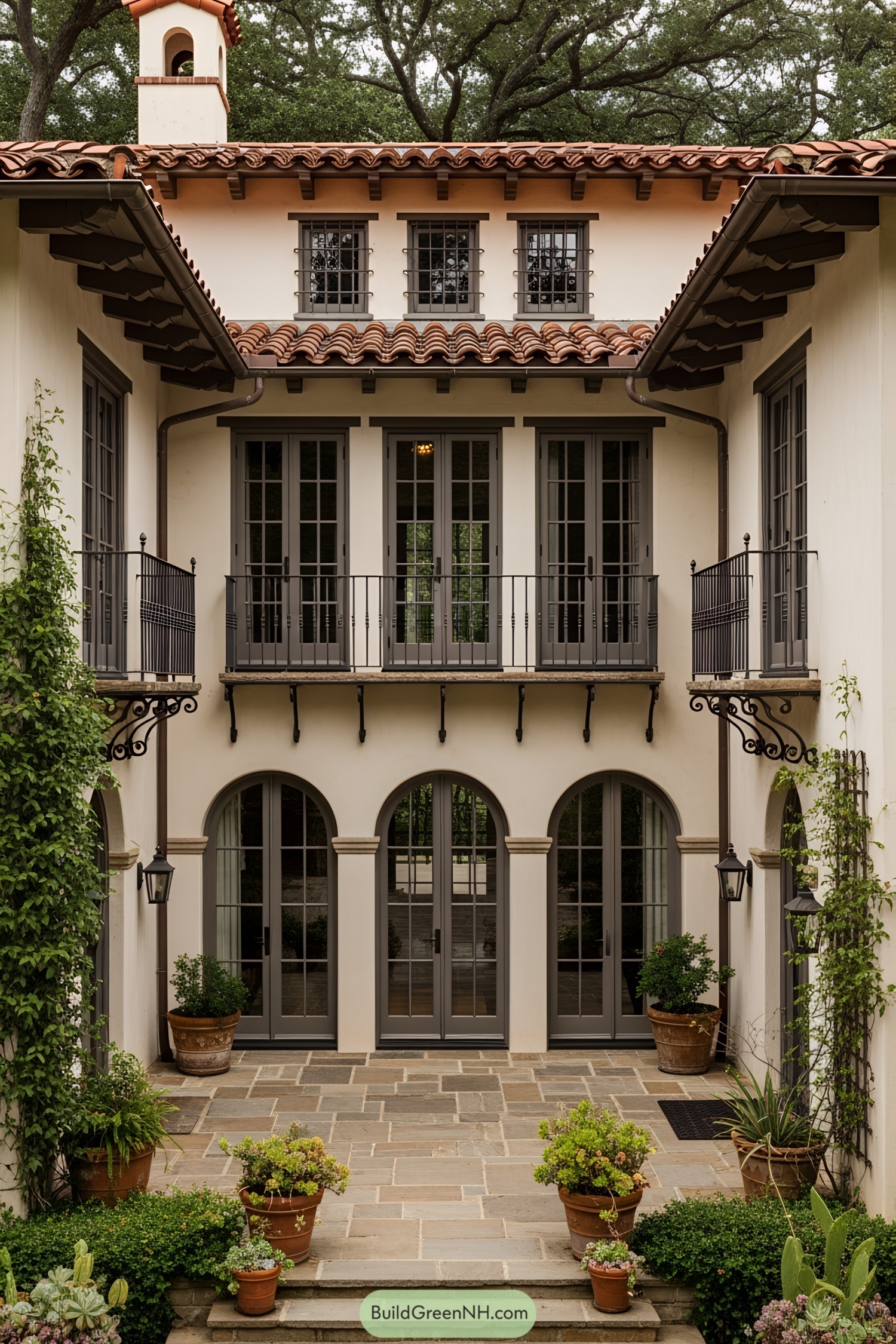 Elegant Spanish architecture with terracotta roof and lush greenery