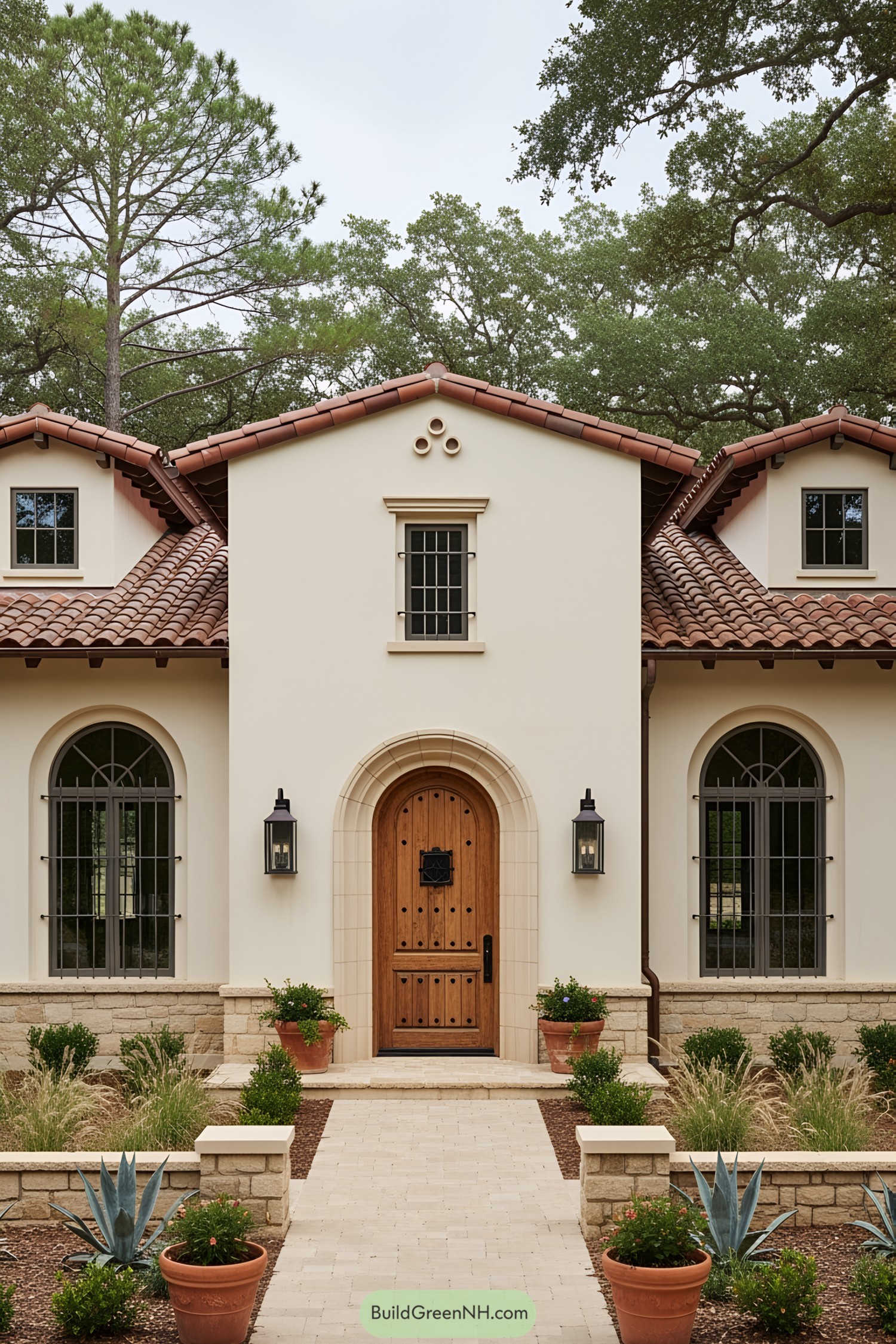 A charming Spanish ranch house with arches and terracotta roof