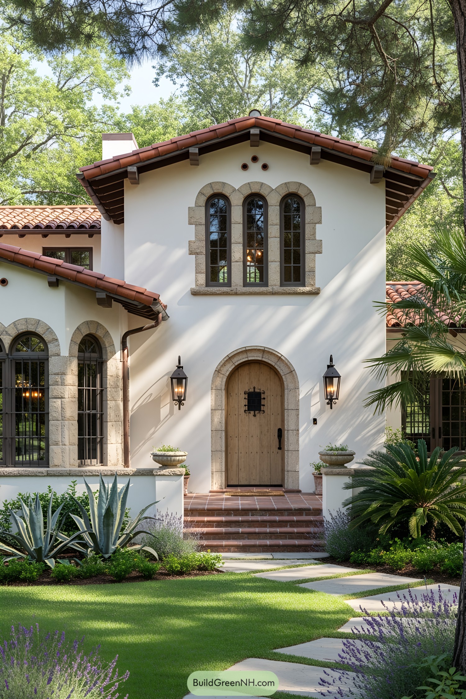 Charming Spanish ranch house with terracotta roof and lush garden