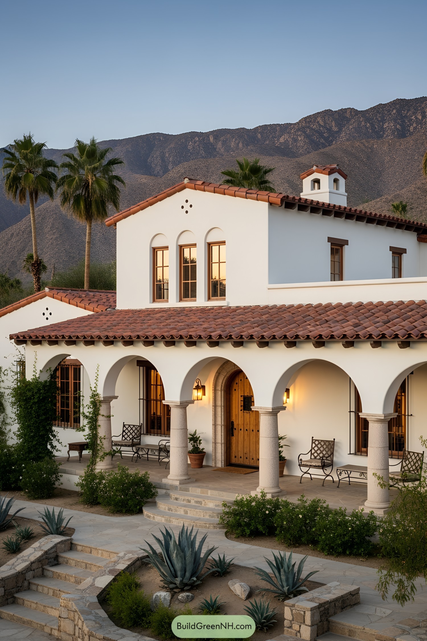 Spanish ranch house with terracotta roof and arches