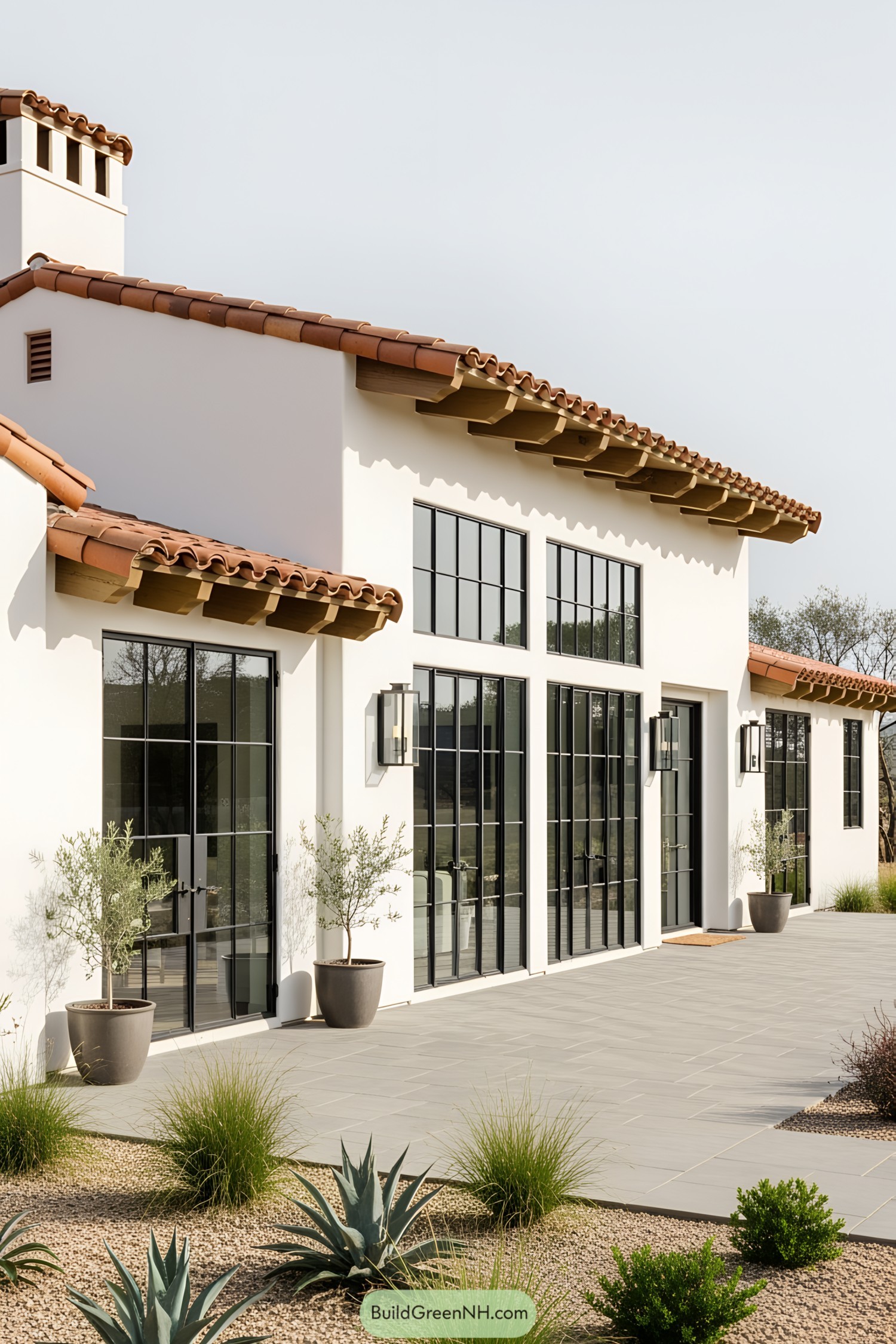 Modern Spanish-style house with terracotta roof and large windows