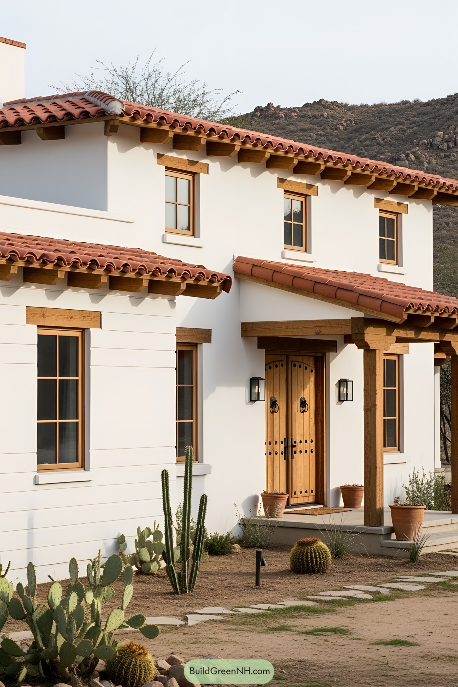 A stunning Spanish ranch house with terracotta roof tiles and cacti landscaping