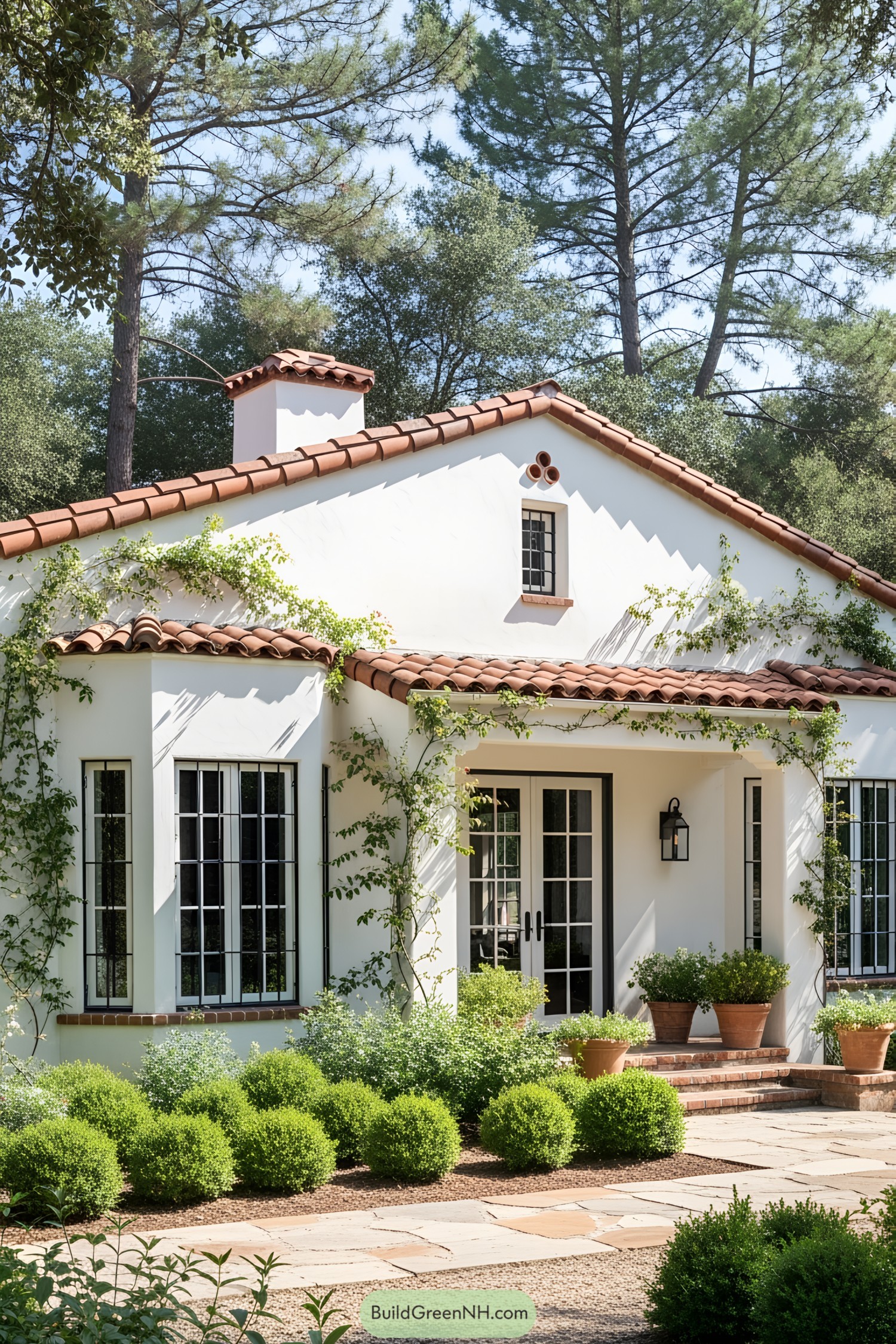 White stucco house with terracotta roof and lush greenery
