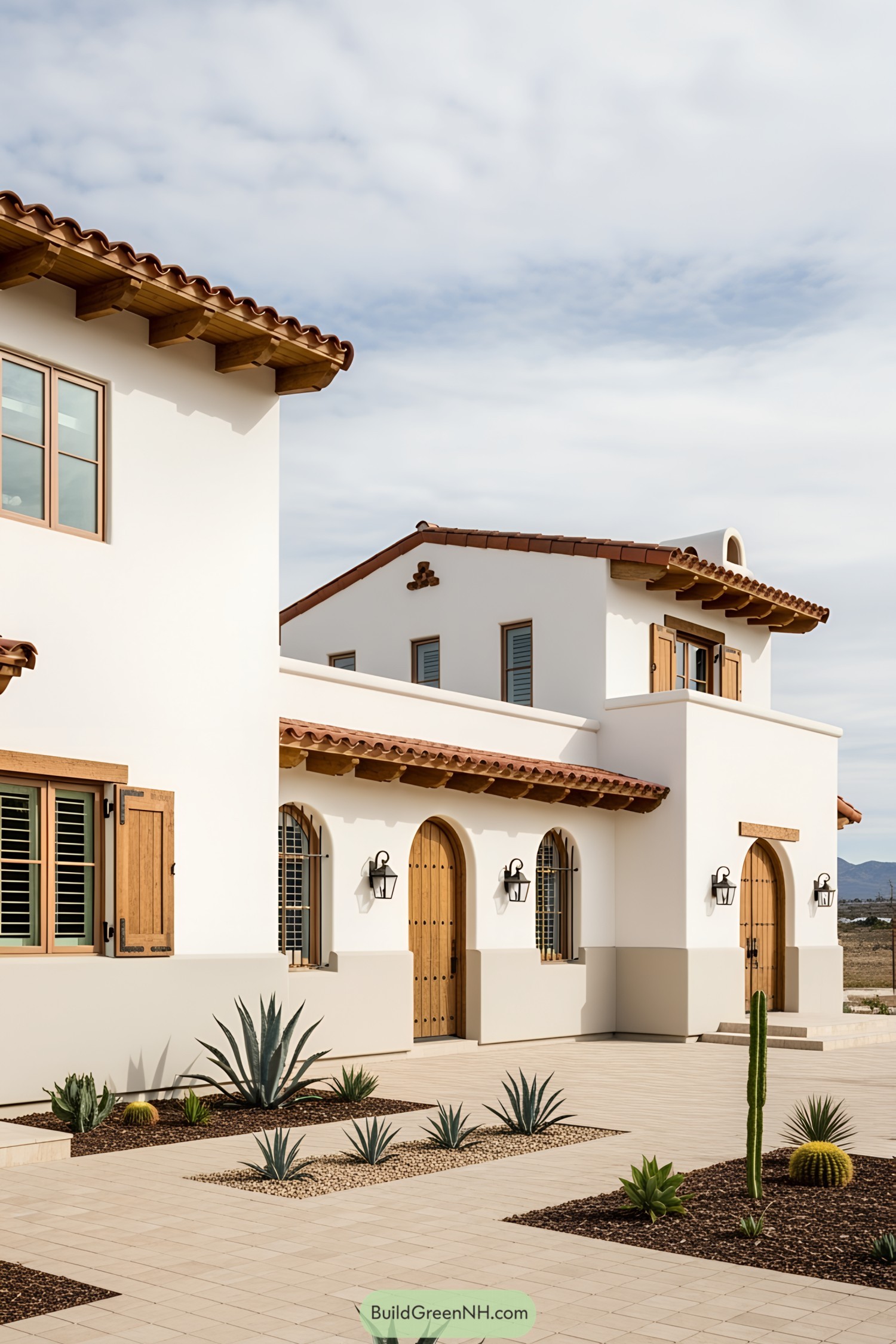 White stucco Spanish ranch with terracotta roof tiles and desert landscaping