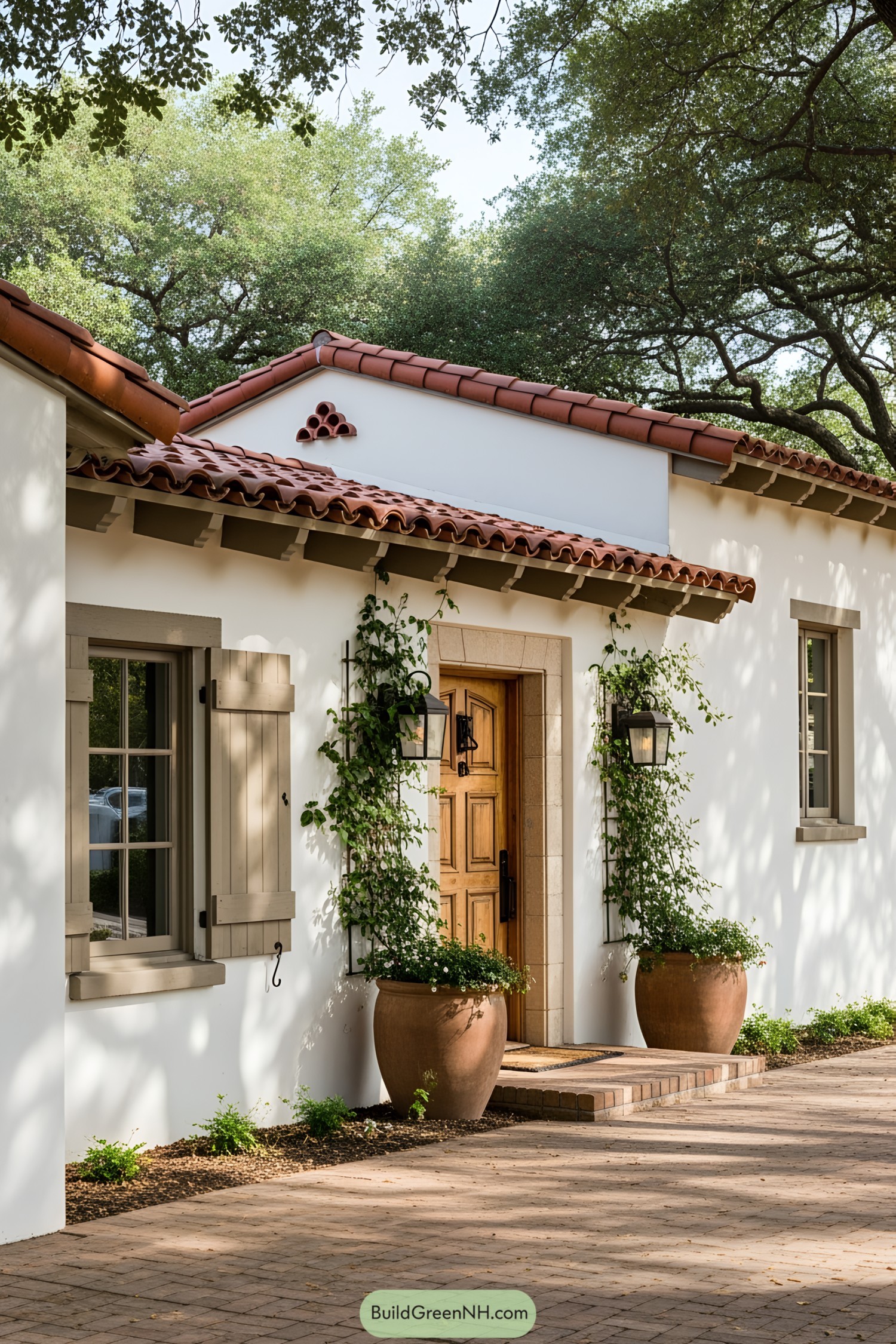 White stucco ranch house with terracotta roof and potted plants