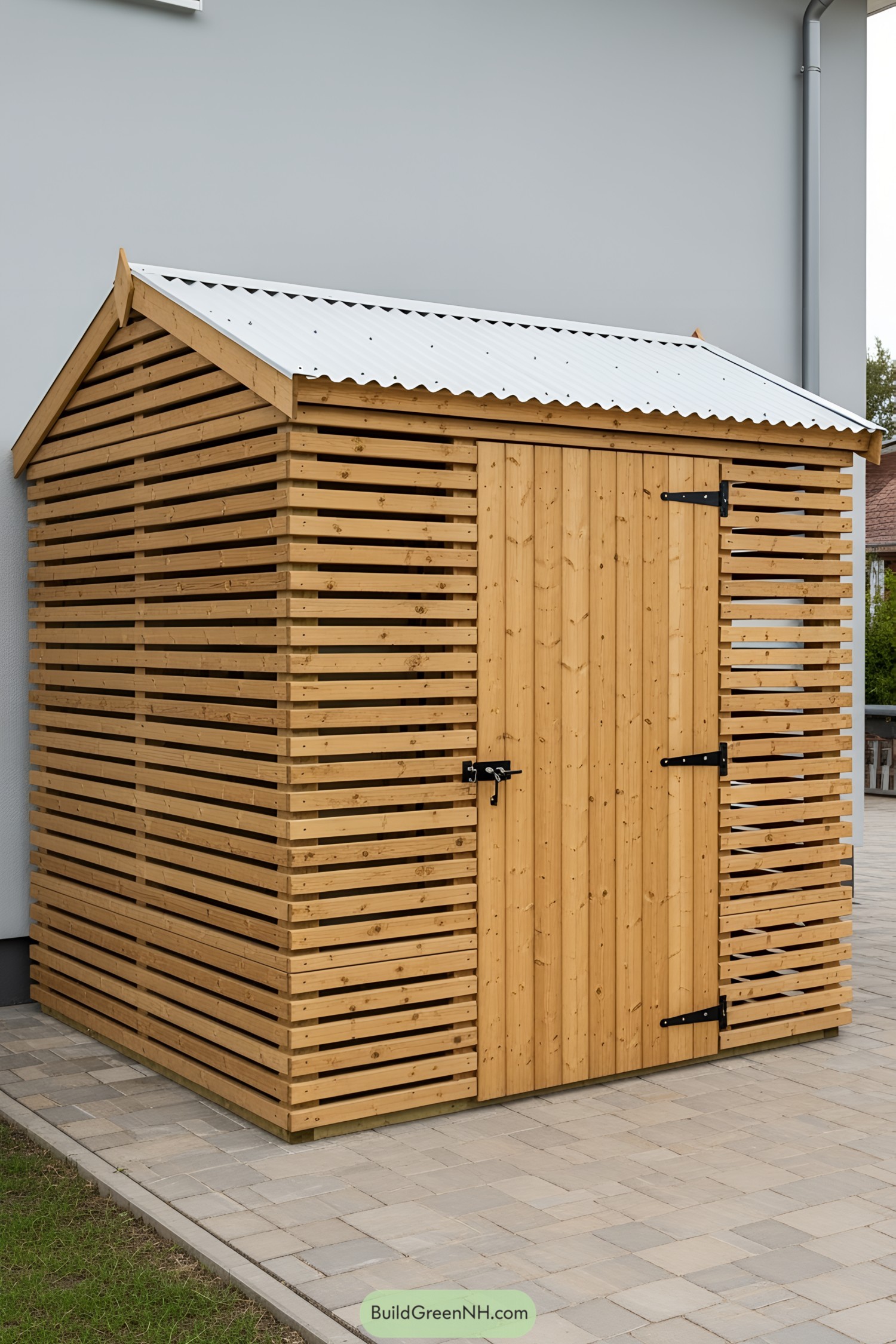 Wooden storage shed with a corrugated roof