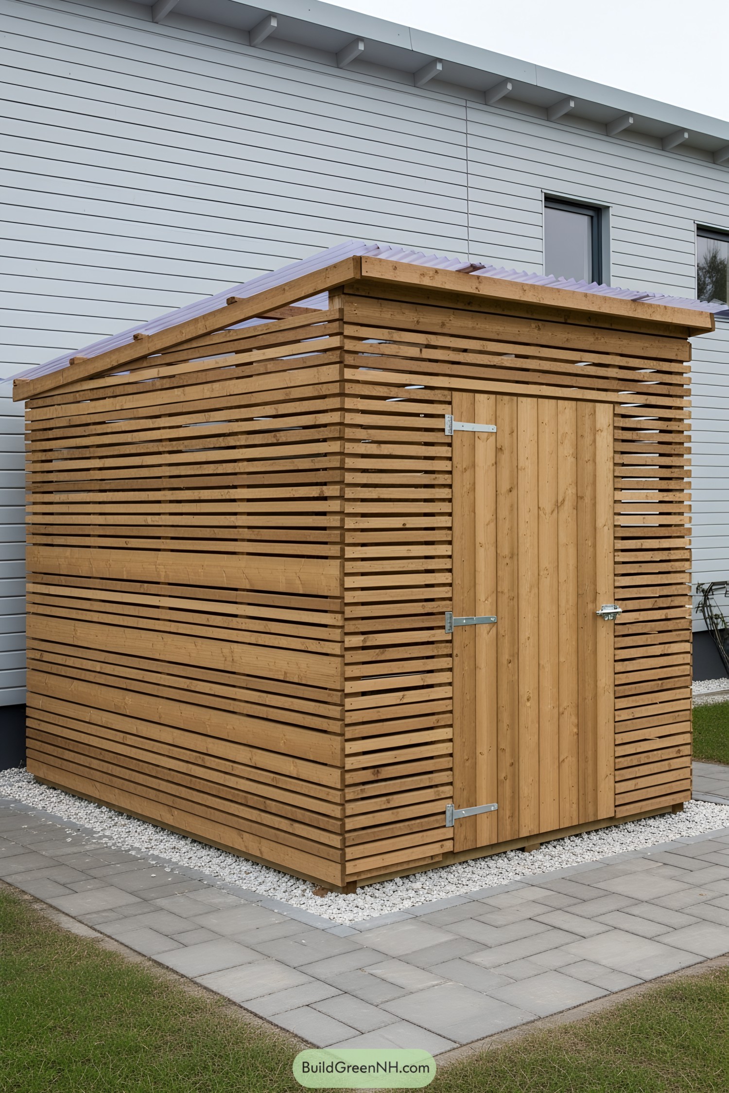 Wooden shed with horizontal slats and a flat roof