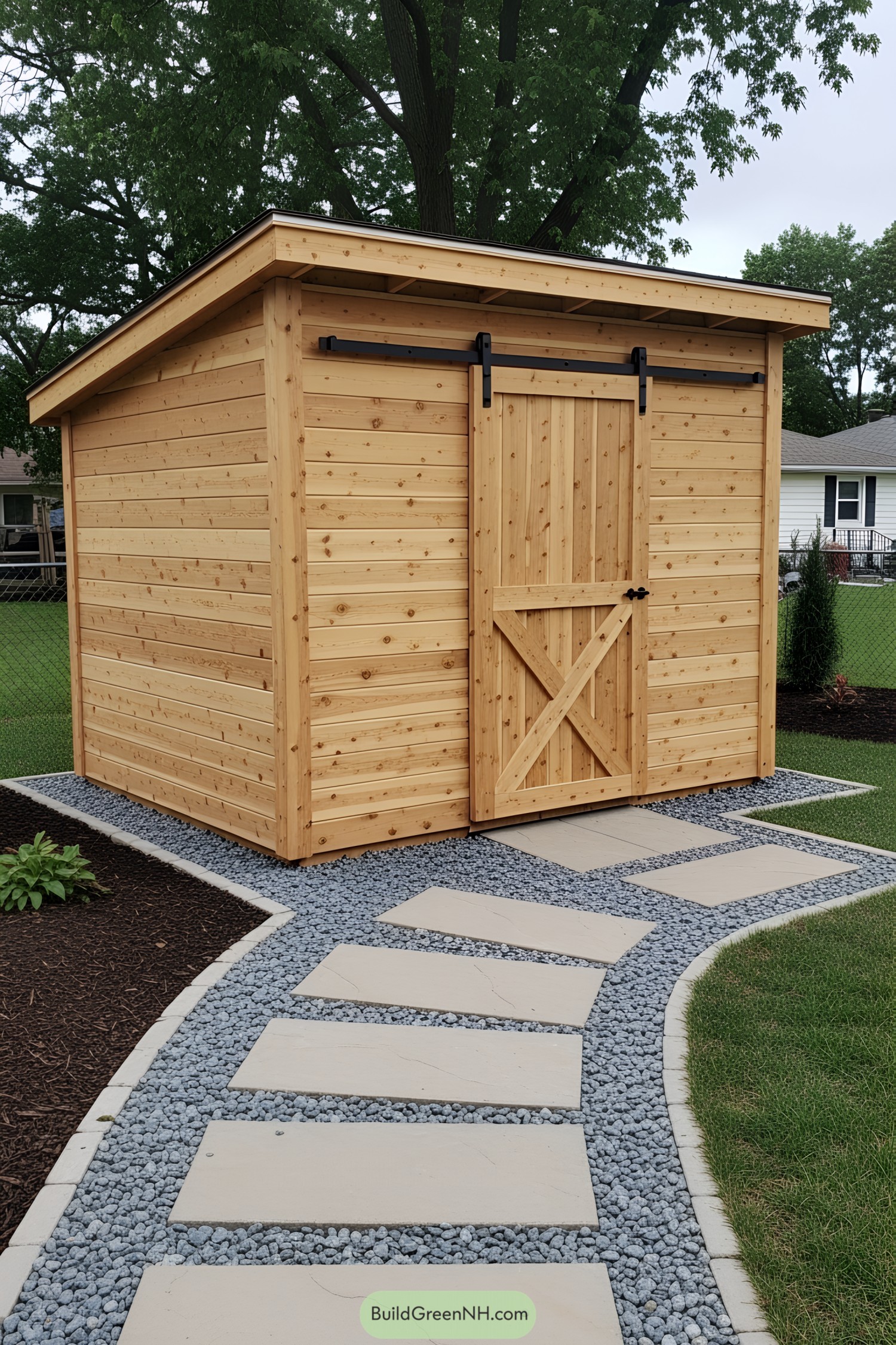 Wooden shed with a sliding door in a backyard