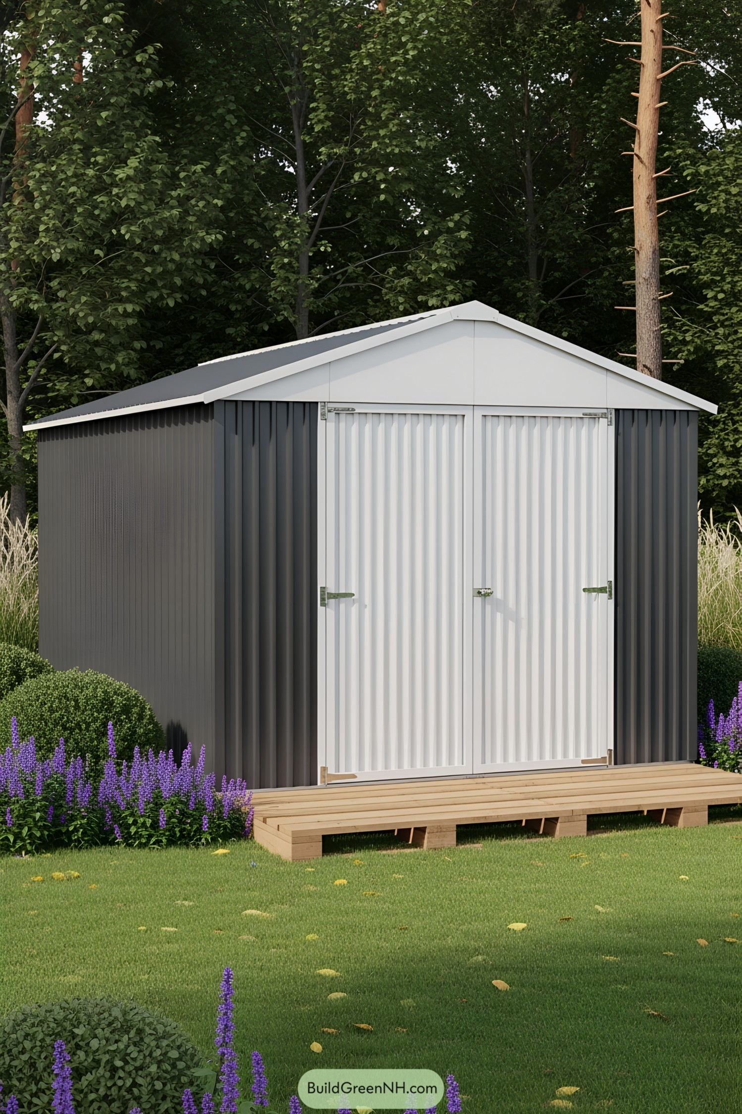 Compact shed with metal cladding surrounded by greenery
