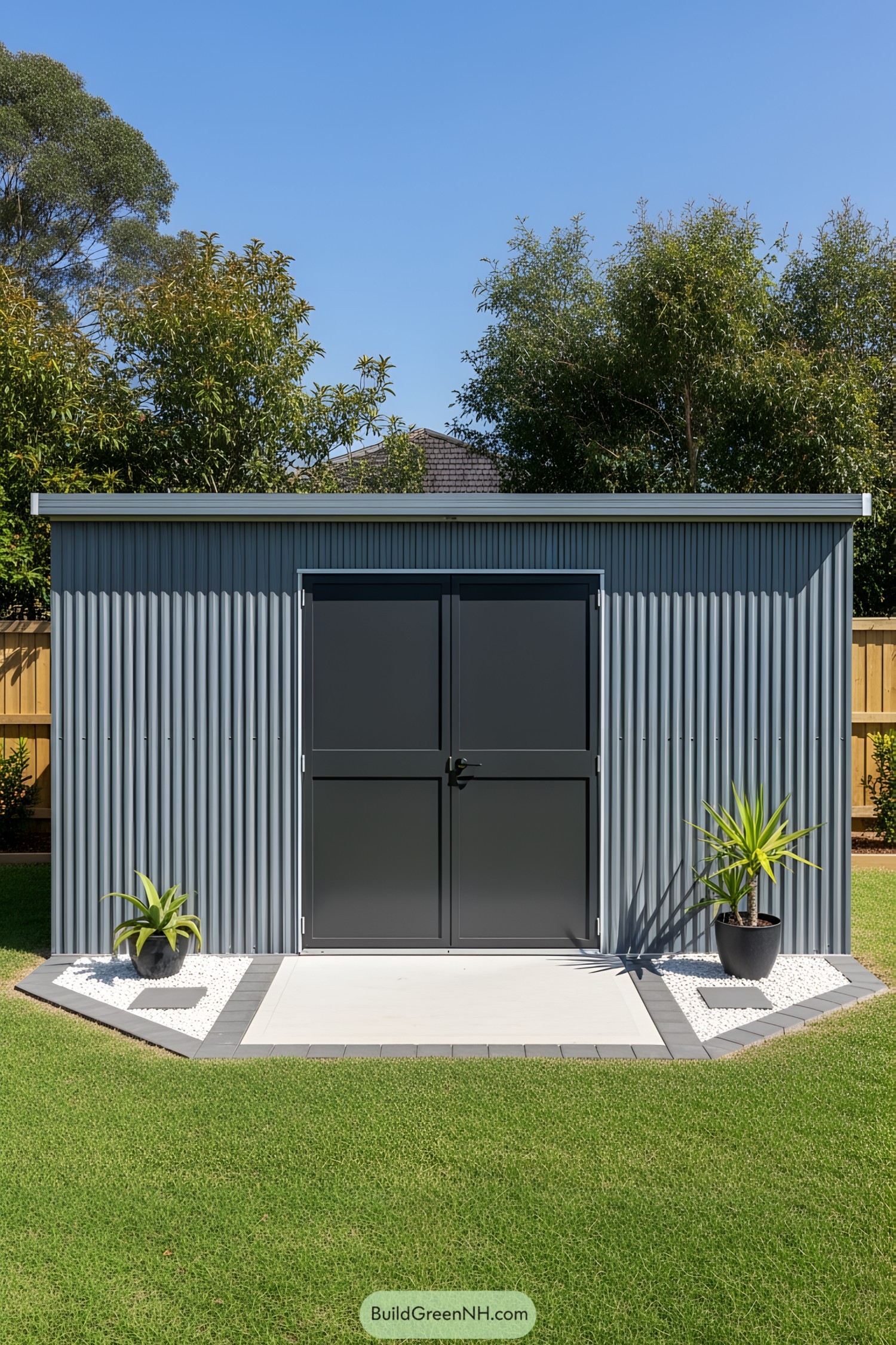 Sleek metal shed with a double door entrance, surrounded by greenery