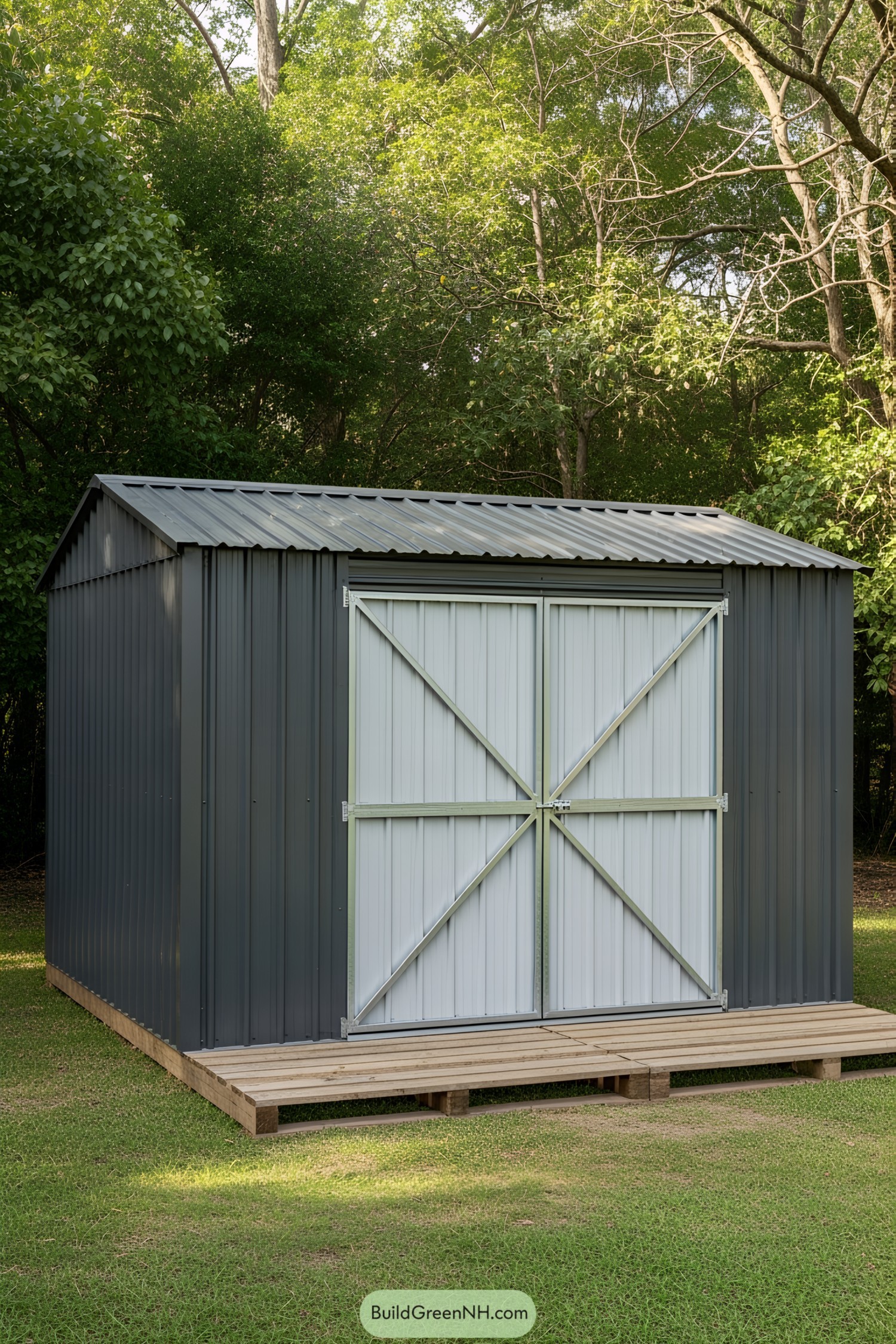 Dark metal storage shed in wooded area