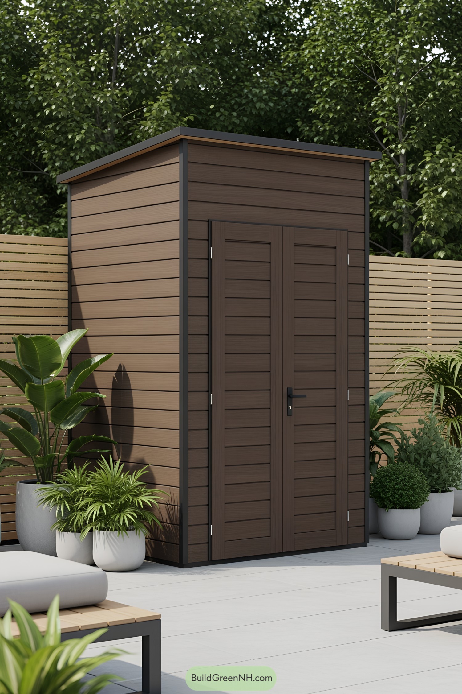 Small wooden storage shed with plants and a wooden fence