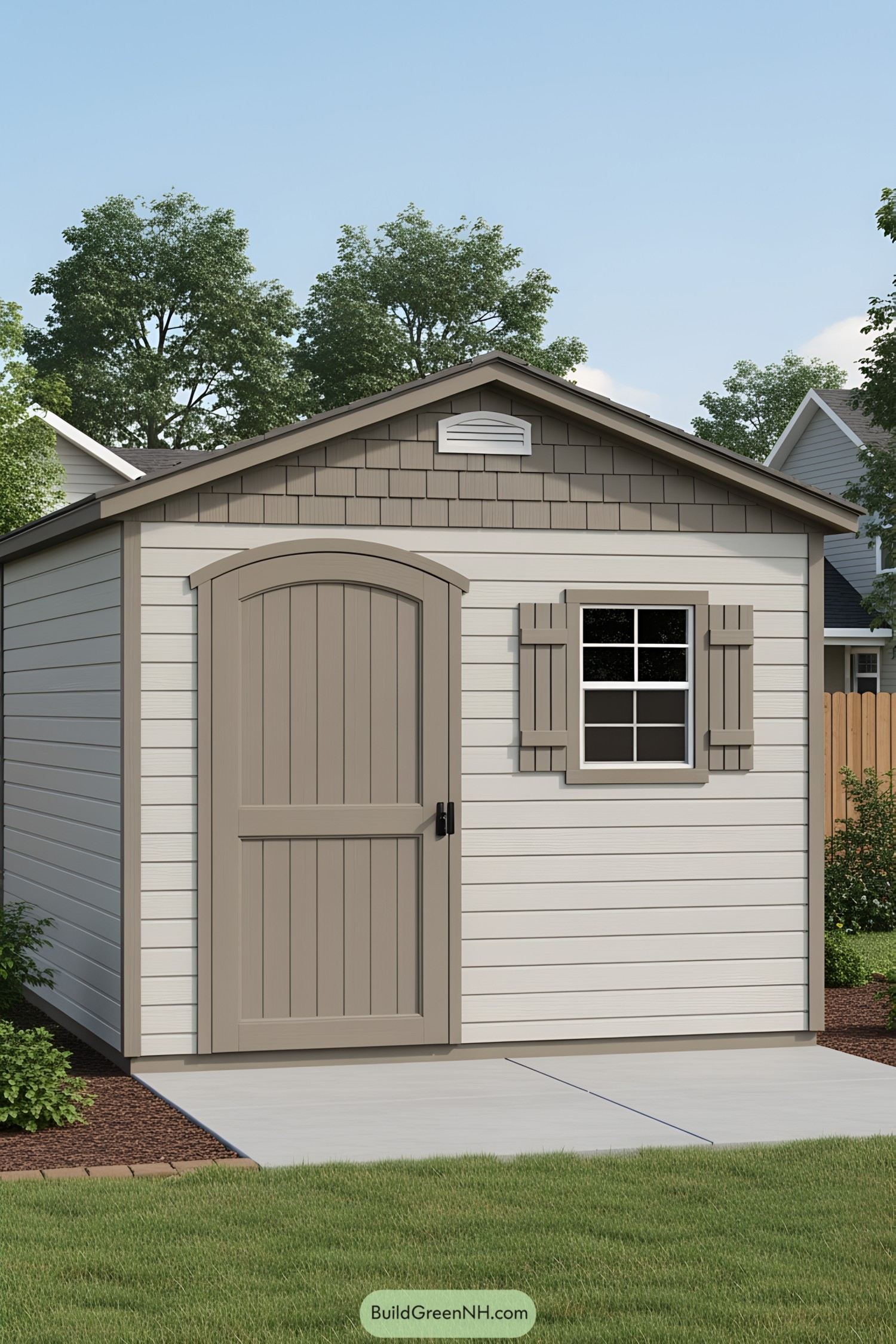 Charming small storage shed with arched door and window with shutters