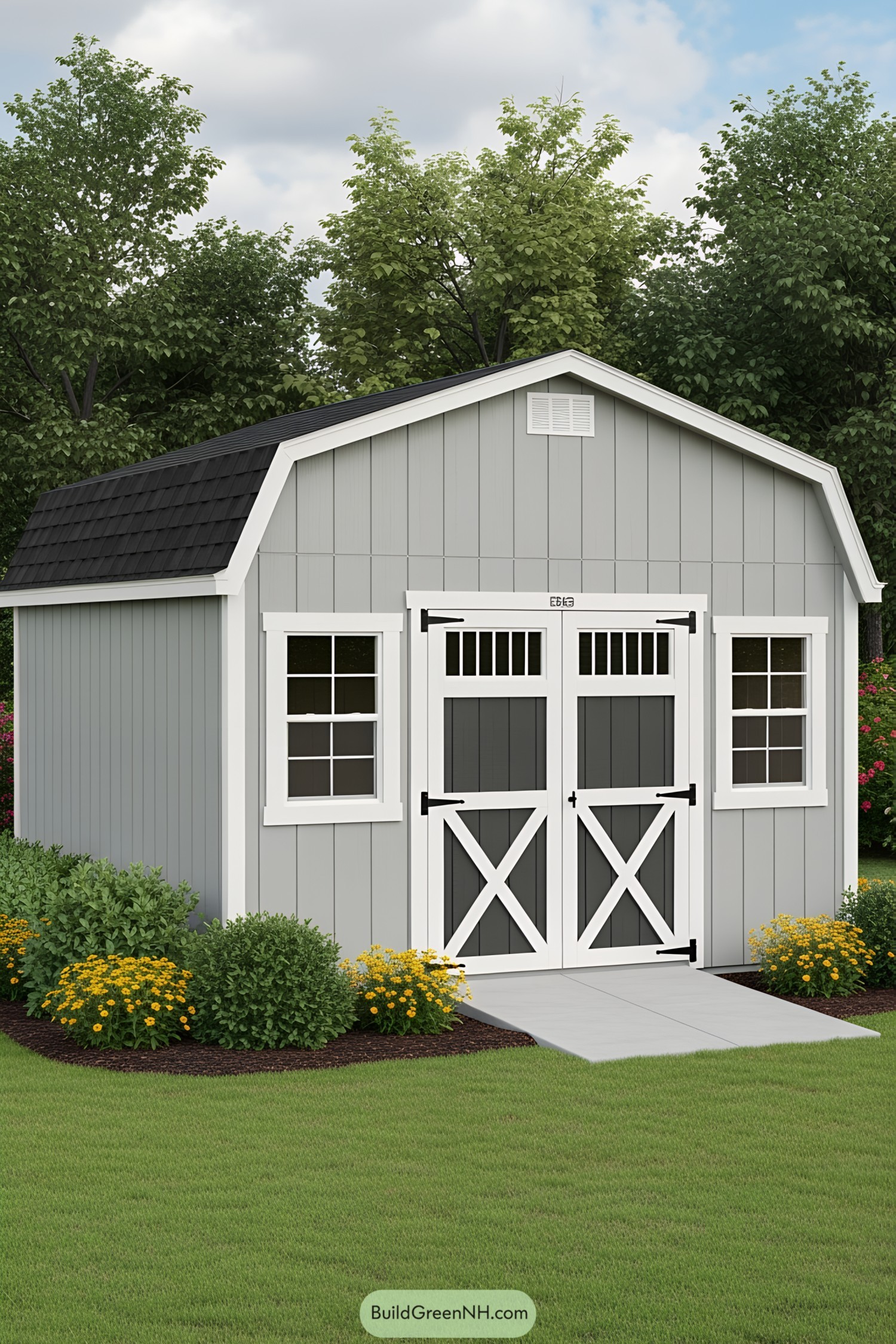 Small storage shed with white-framed windows and a shingled roof