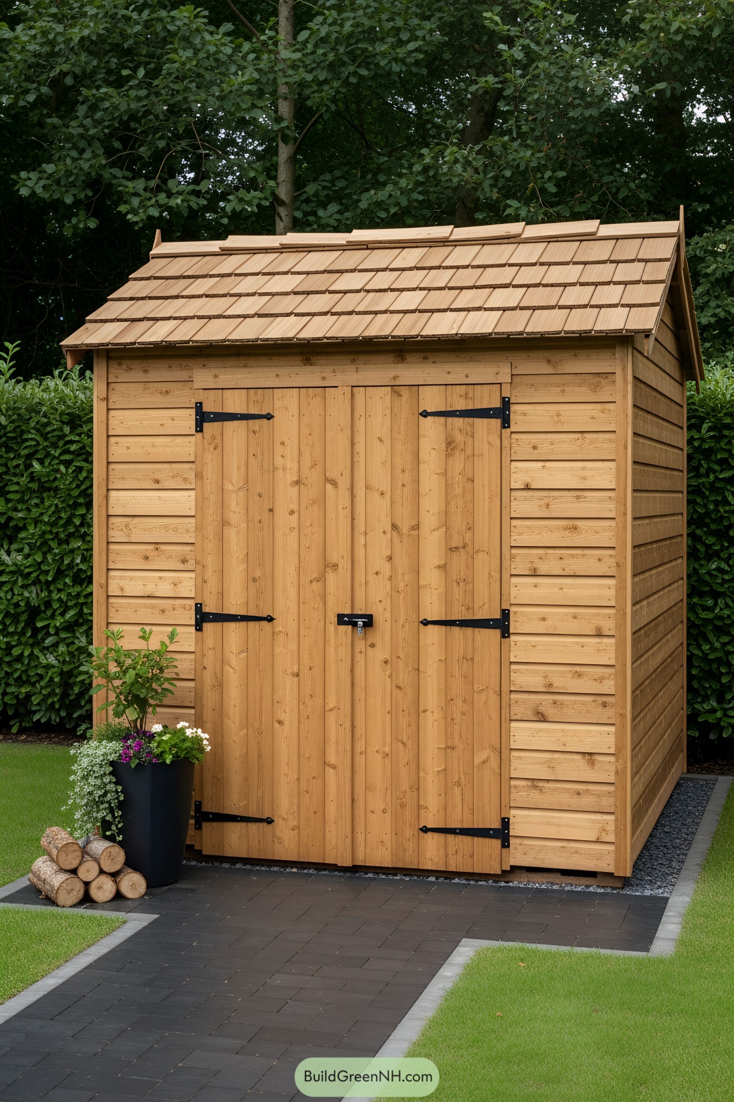 Wooden shed with shingled roof and black hinges