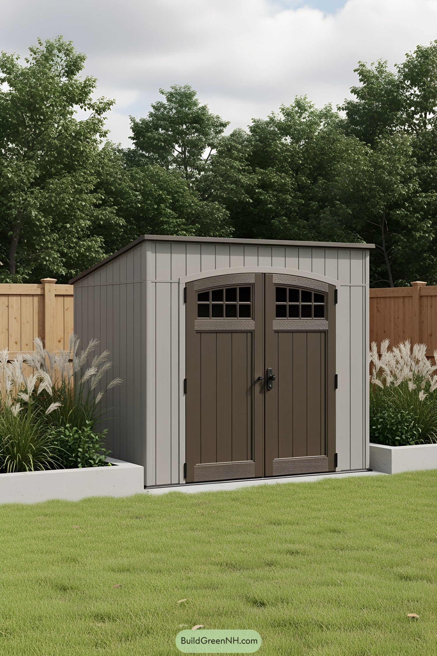 A cozy wooden shed with double doors, perfect for backyard storage