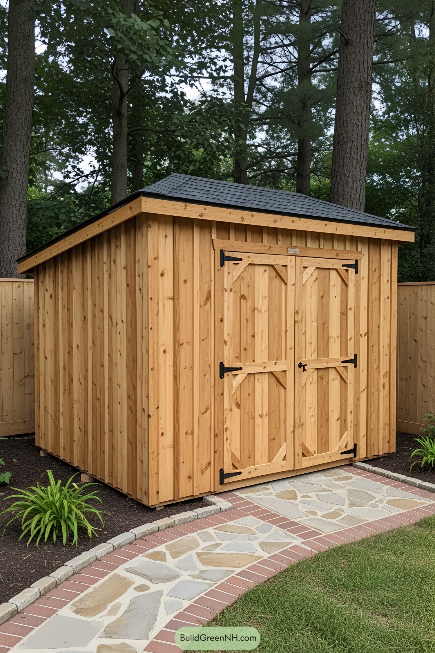Wooden shed with black roof in a garden setting