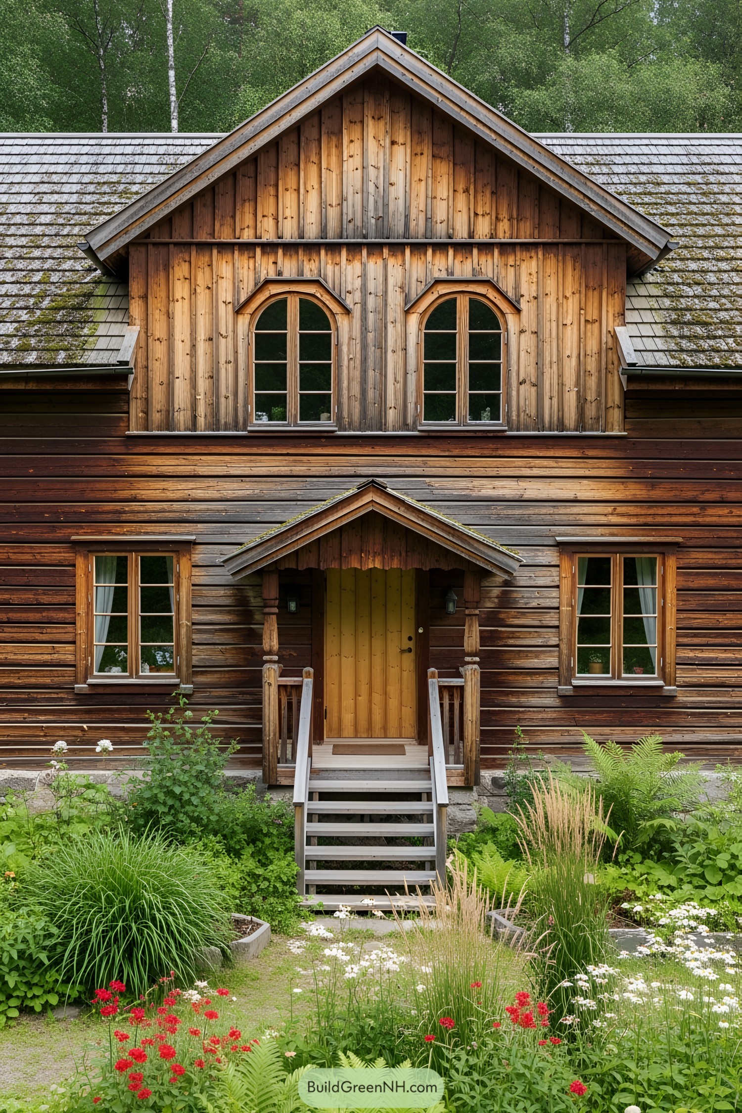 Wooden farmhouse surrounded by lush greenery and vibrant flowers
