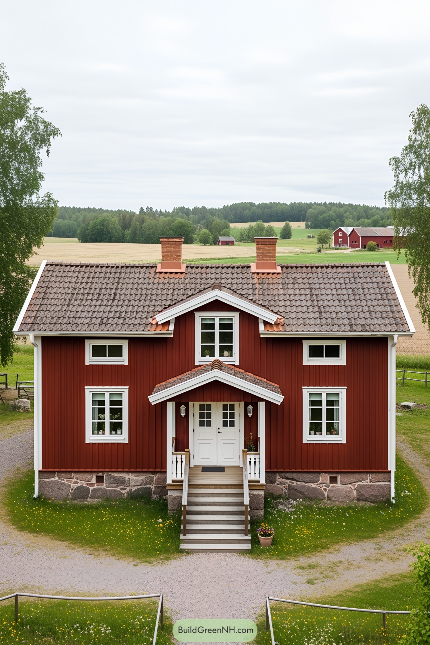 Quaint red farmhouse surrounded by lush countryside