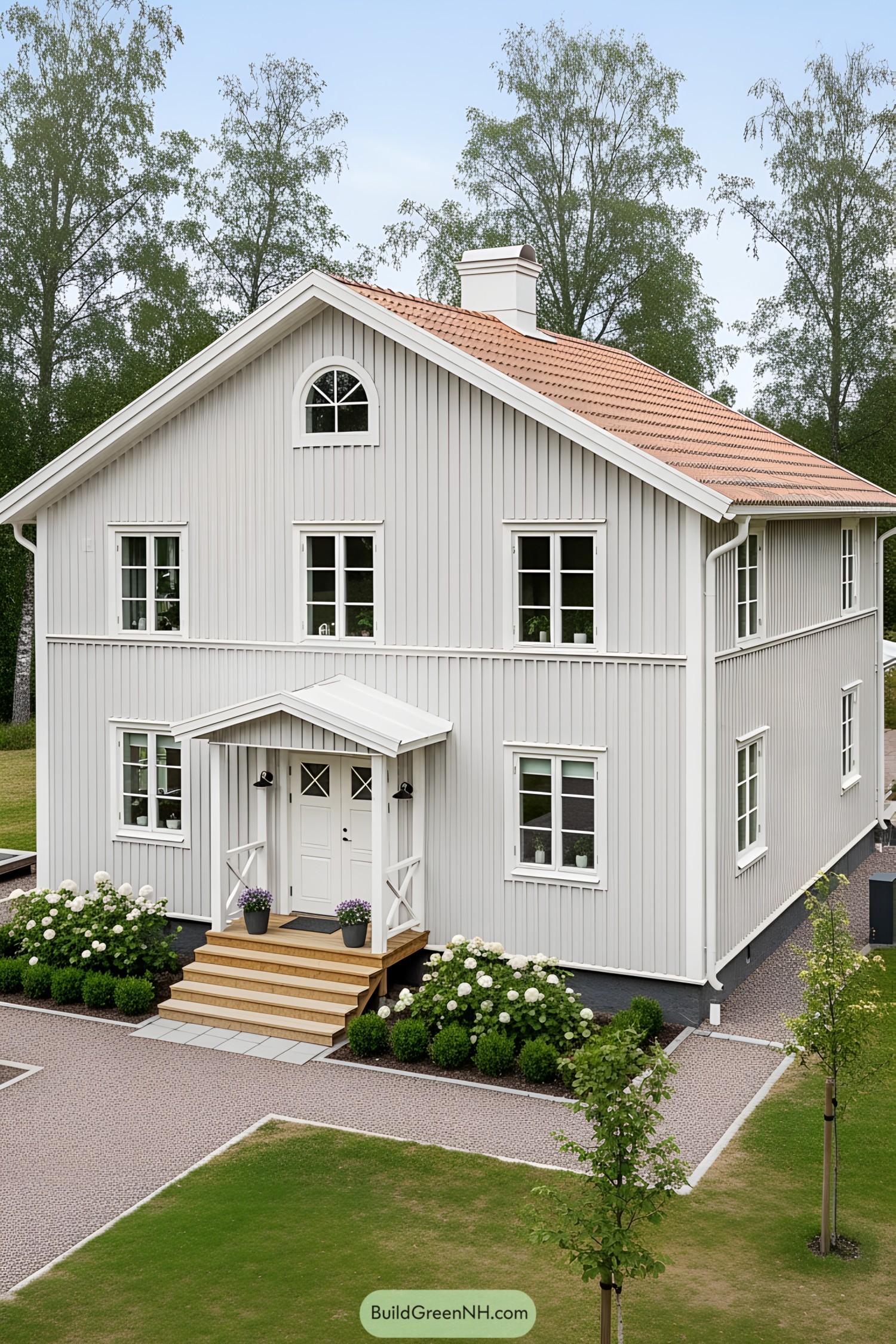 White farmhouse with brown roof surrounded by lush trees