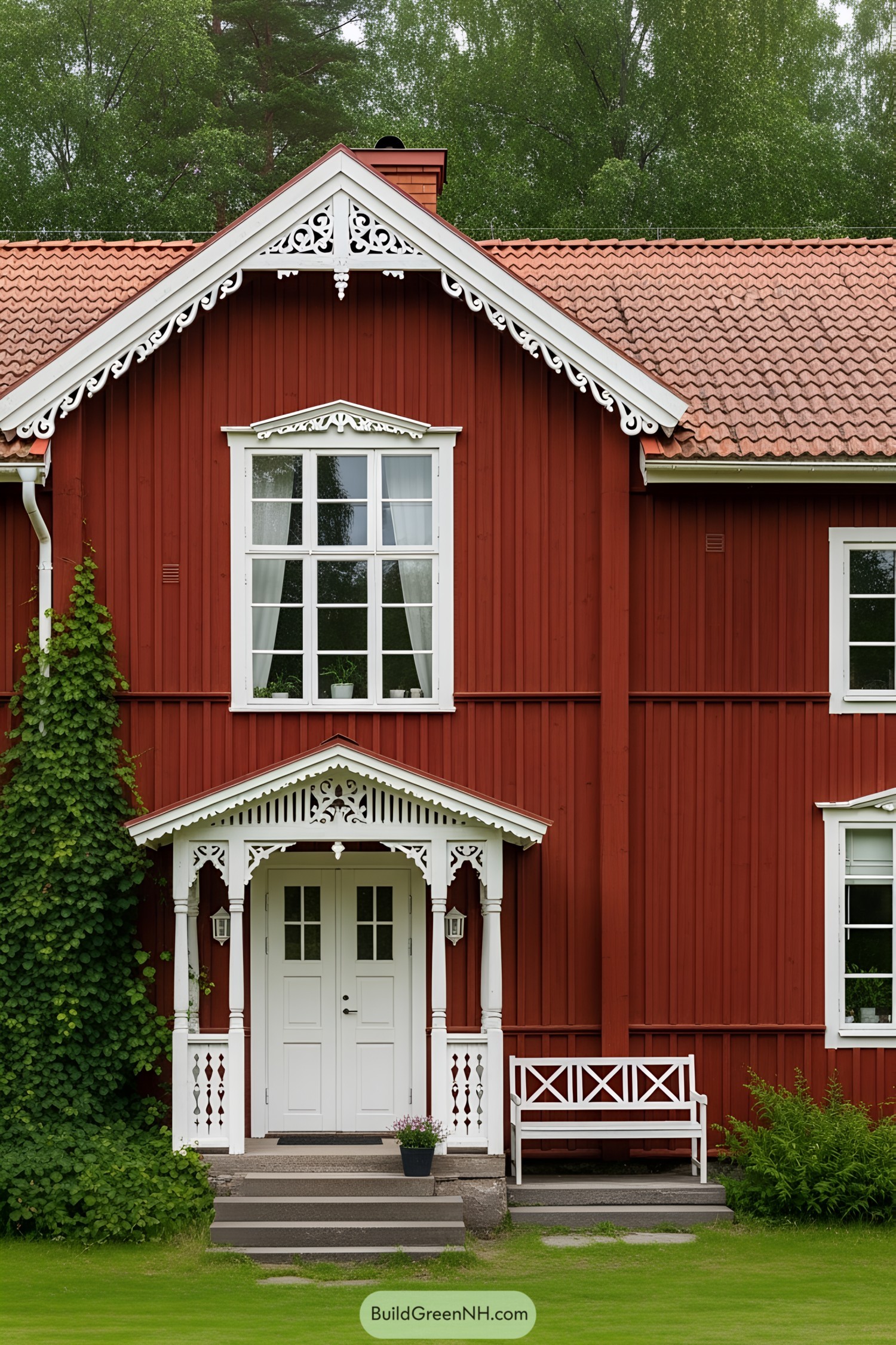 Red Swedish farmhouse with decorative white trim