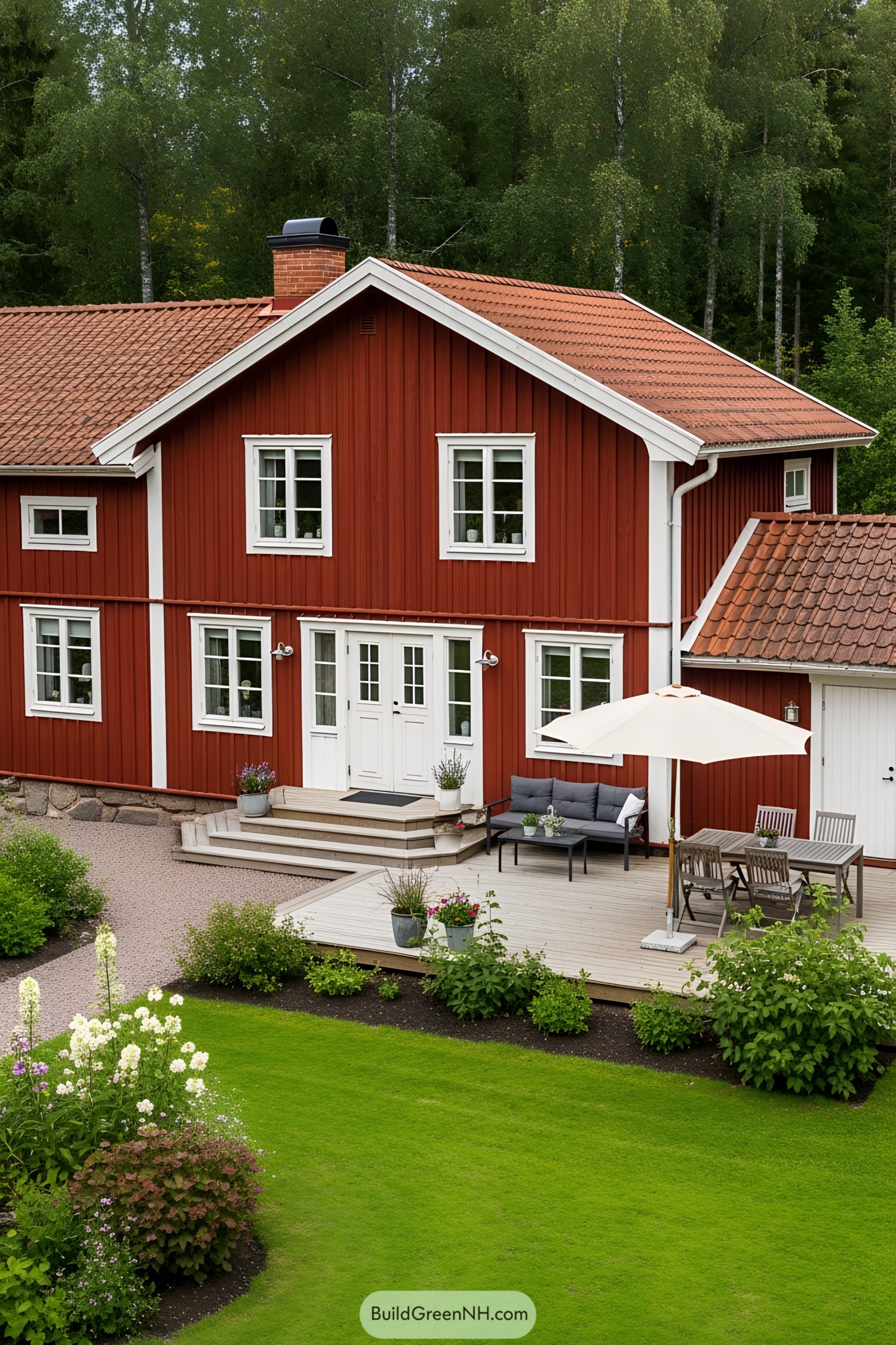 Red Swedish farmhouse with white trim and a garden