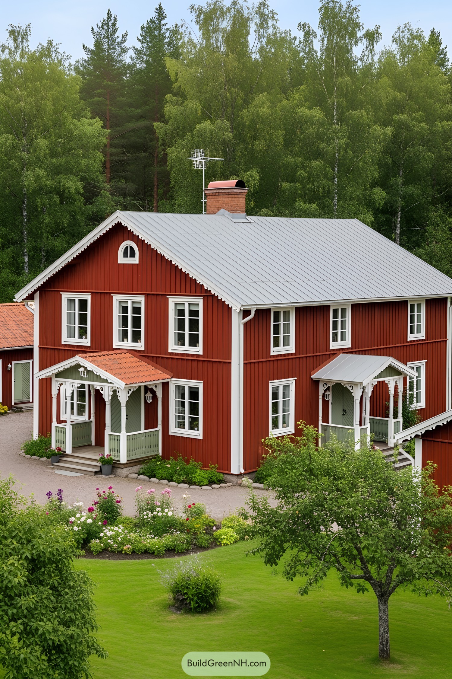 Charming red Swedish farmhouse with lush greenery