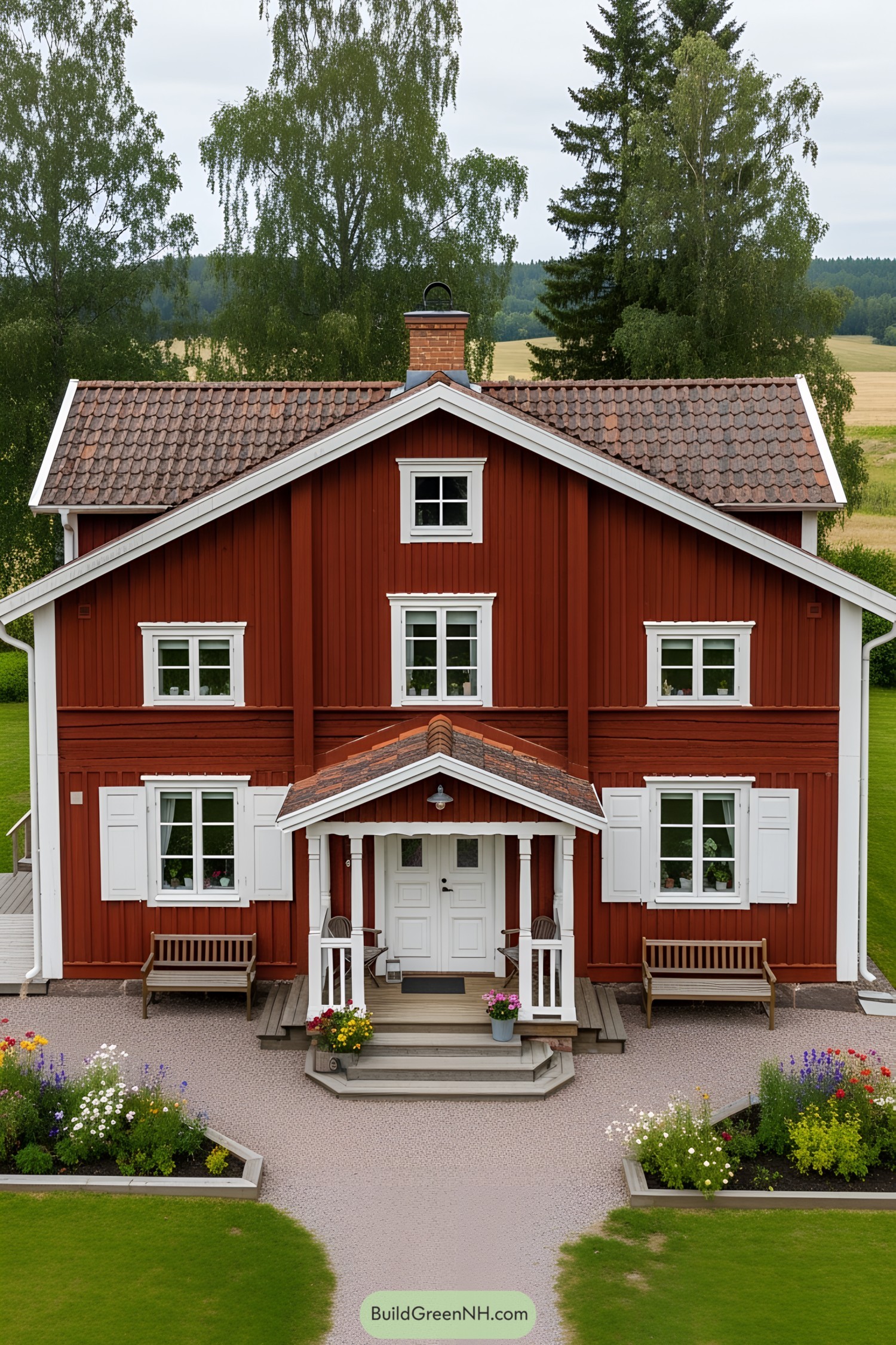 Classic Swedish red farmhouse with white trim and a cozy porch