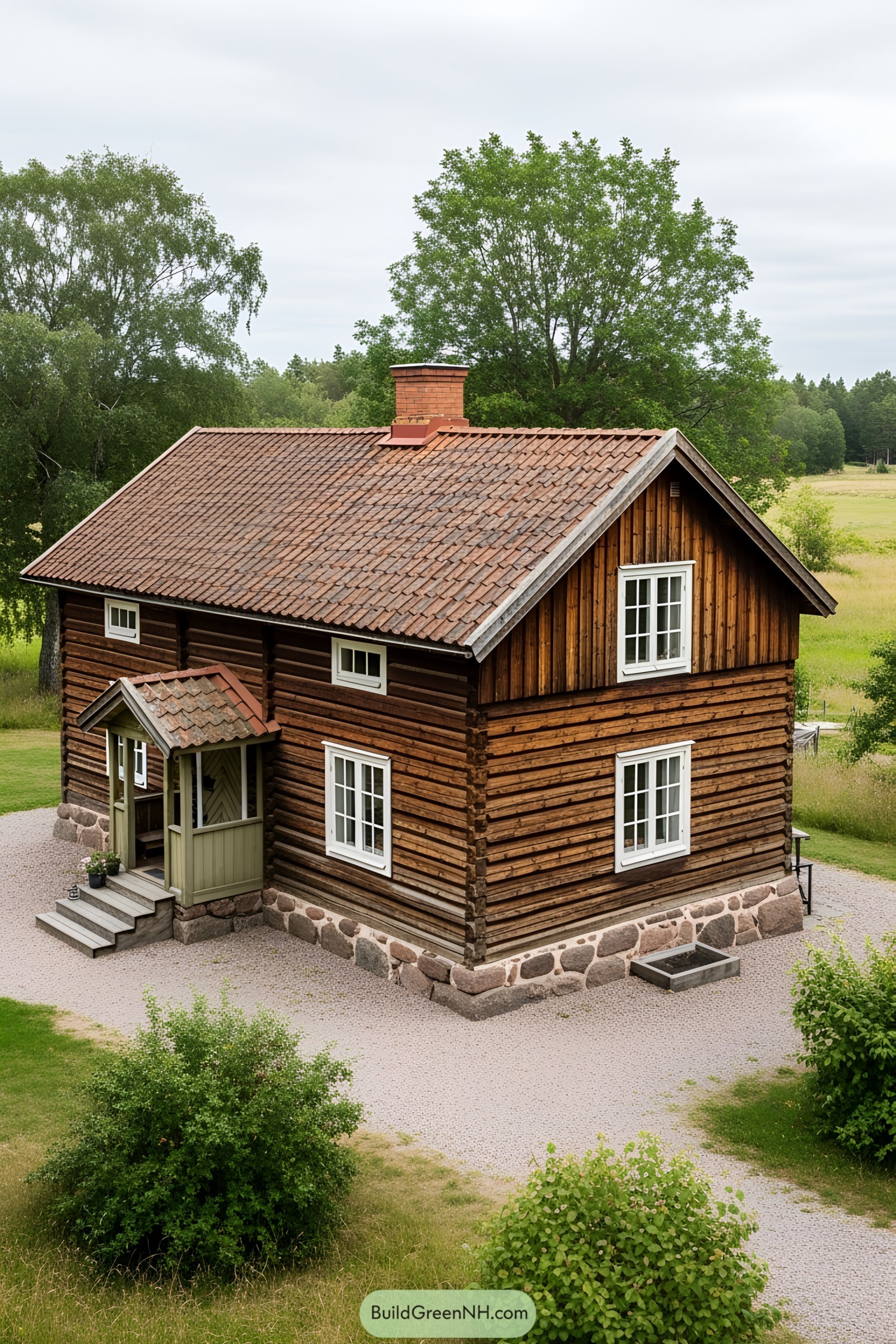 A log cabin with stone foundation and green porch in a rural setting