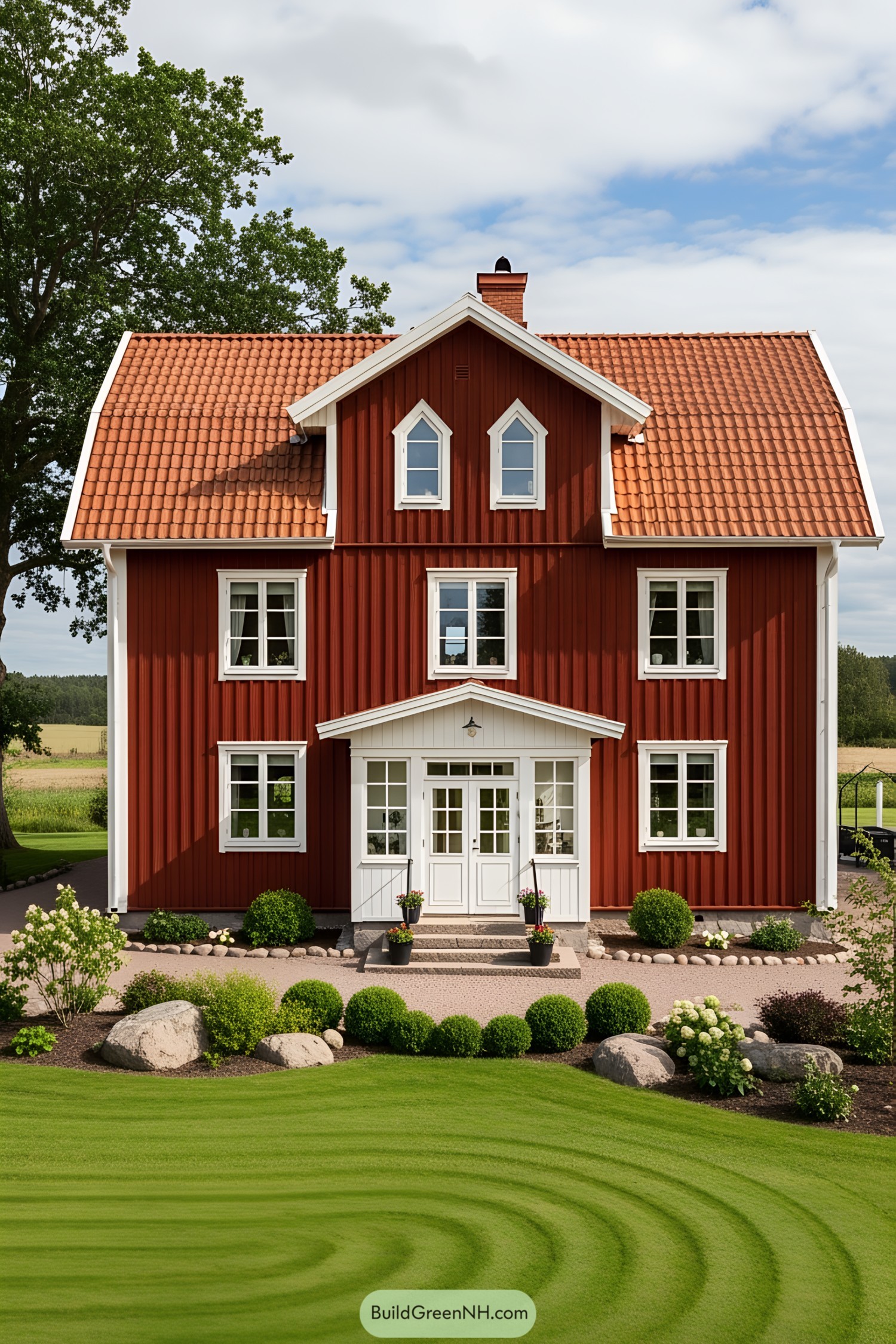 Red Swedish farmhouse with white trim and a tiled roof