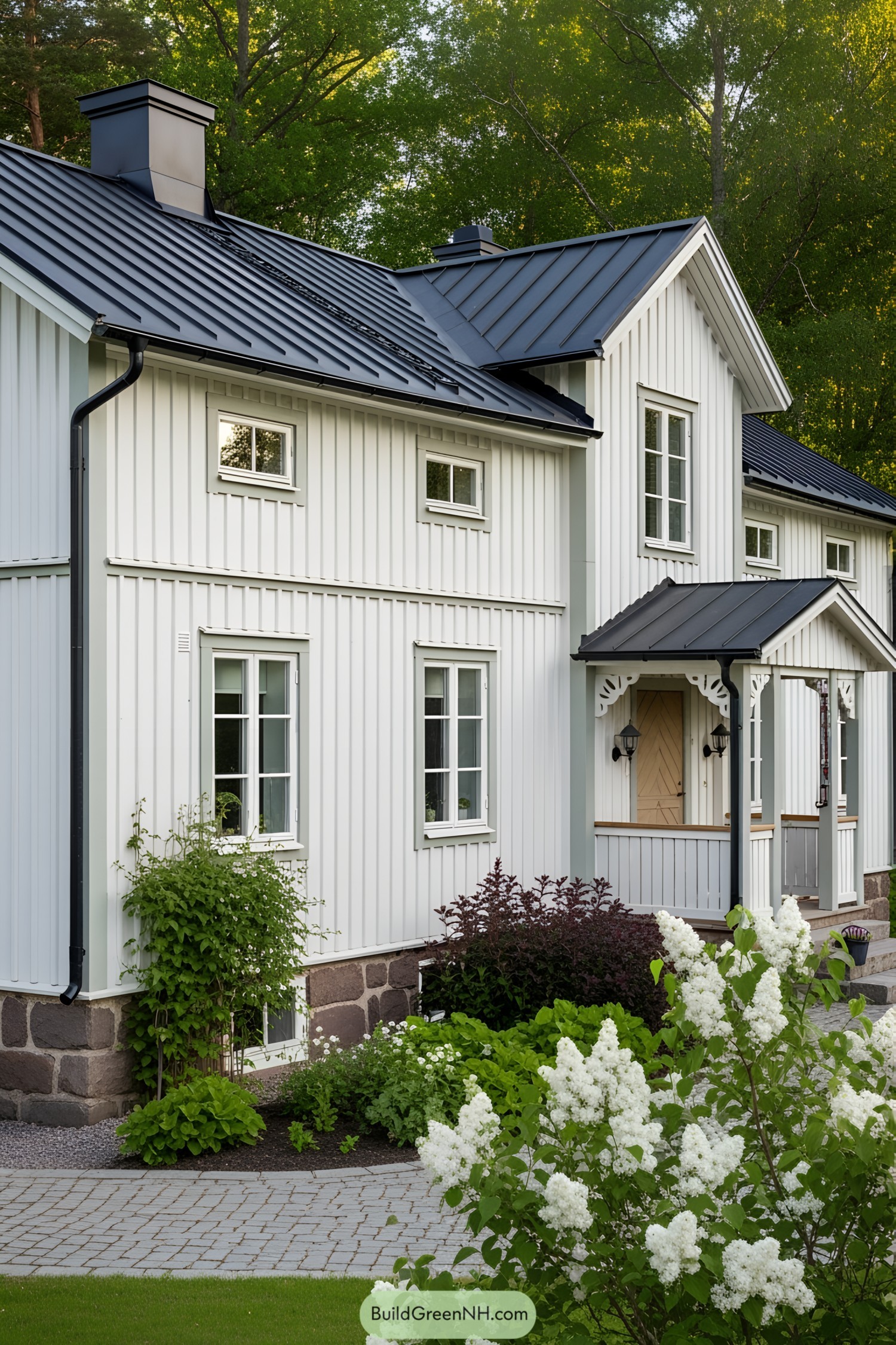 White wooden farmhouse with a dark roof and garden