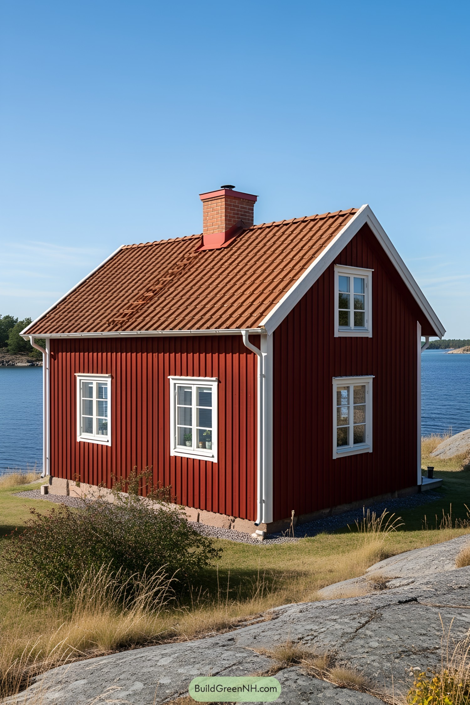 Quaint red farmhouse near a lake on a sunny day