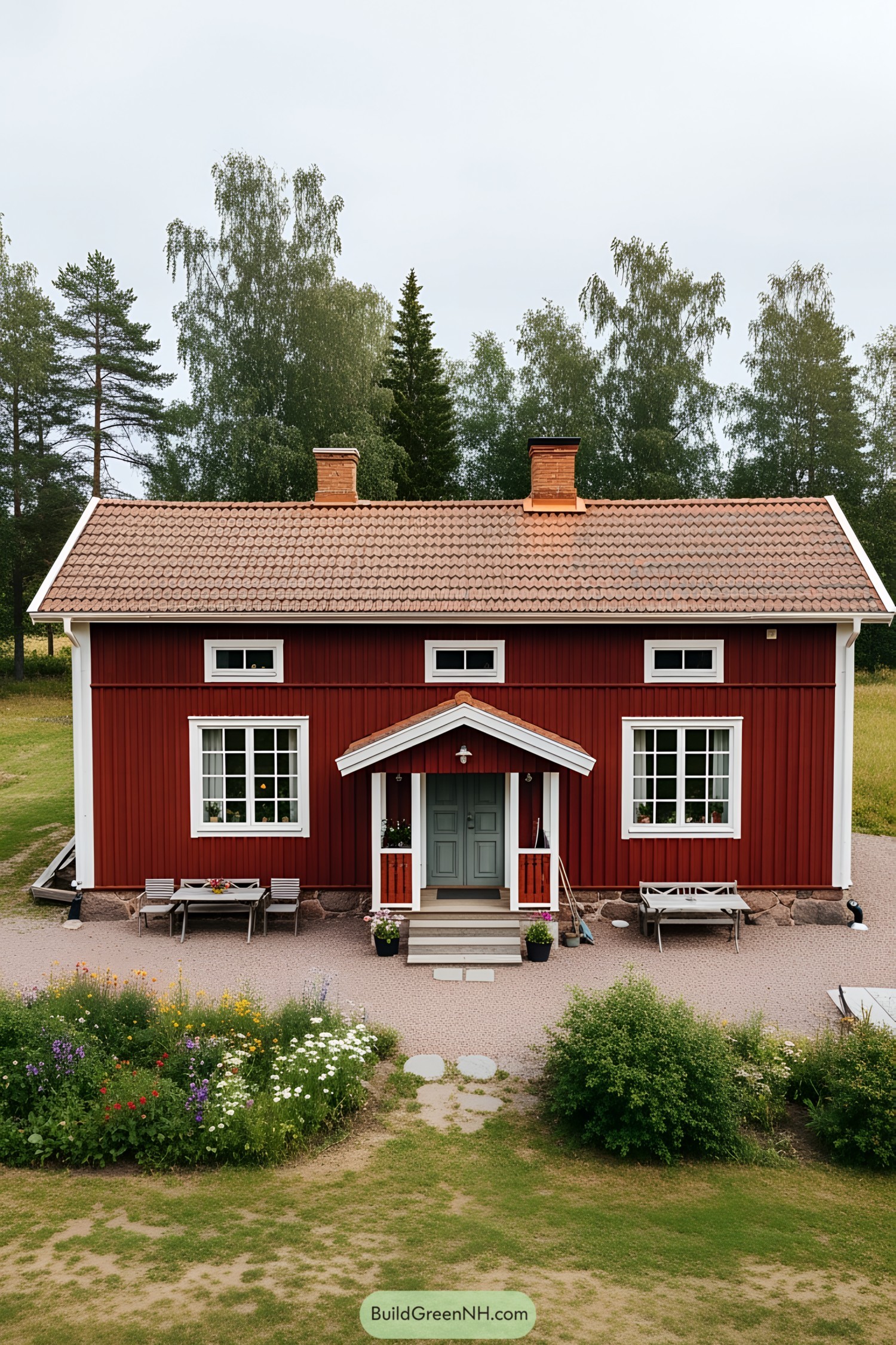 Charming red farmhouse with a welcoming entrance