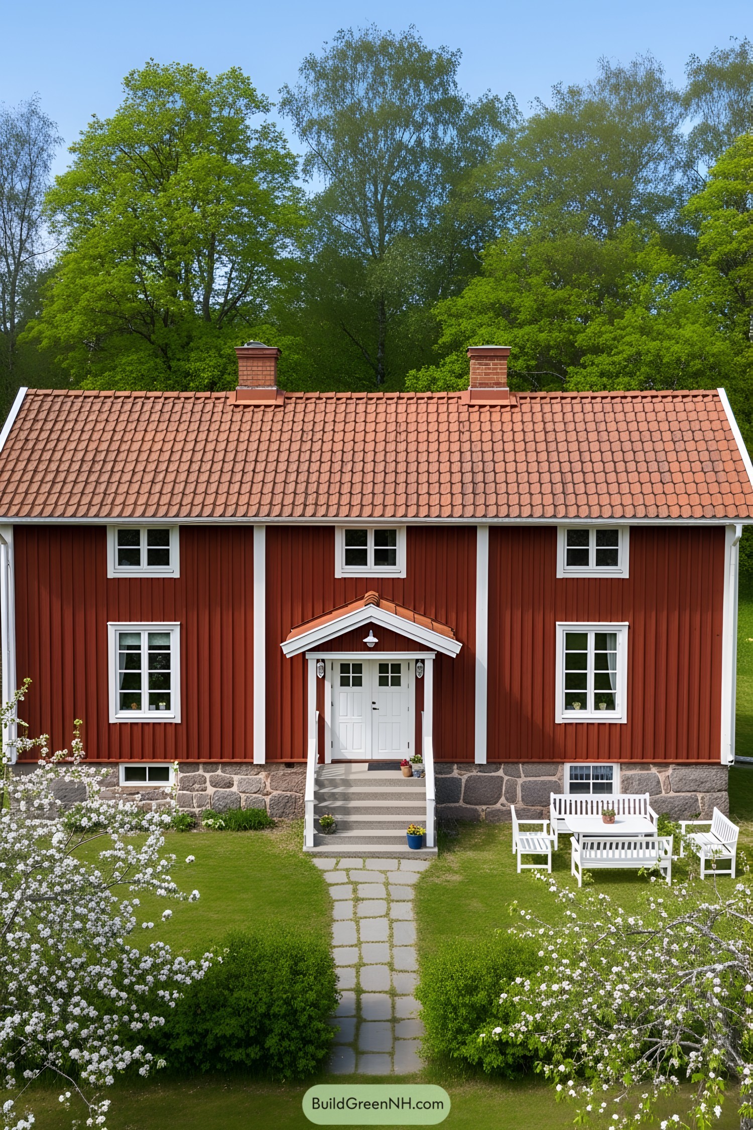 Quaint red house with white trim surrounded by lush greenery