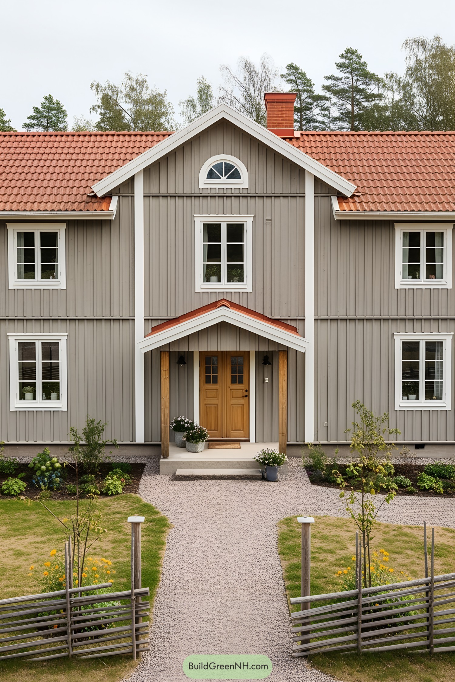 Grey farmhouse with a red roof and cozy entrance