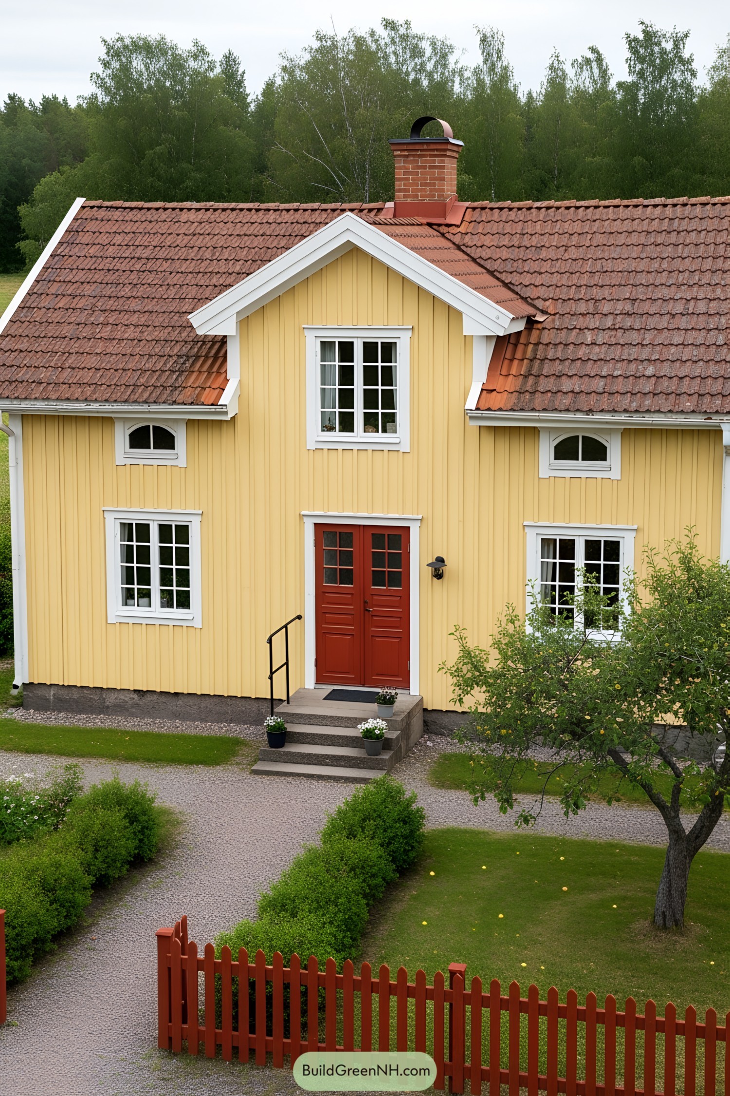 Quaint yellow farmhouse with a red door