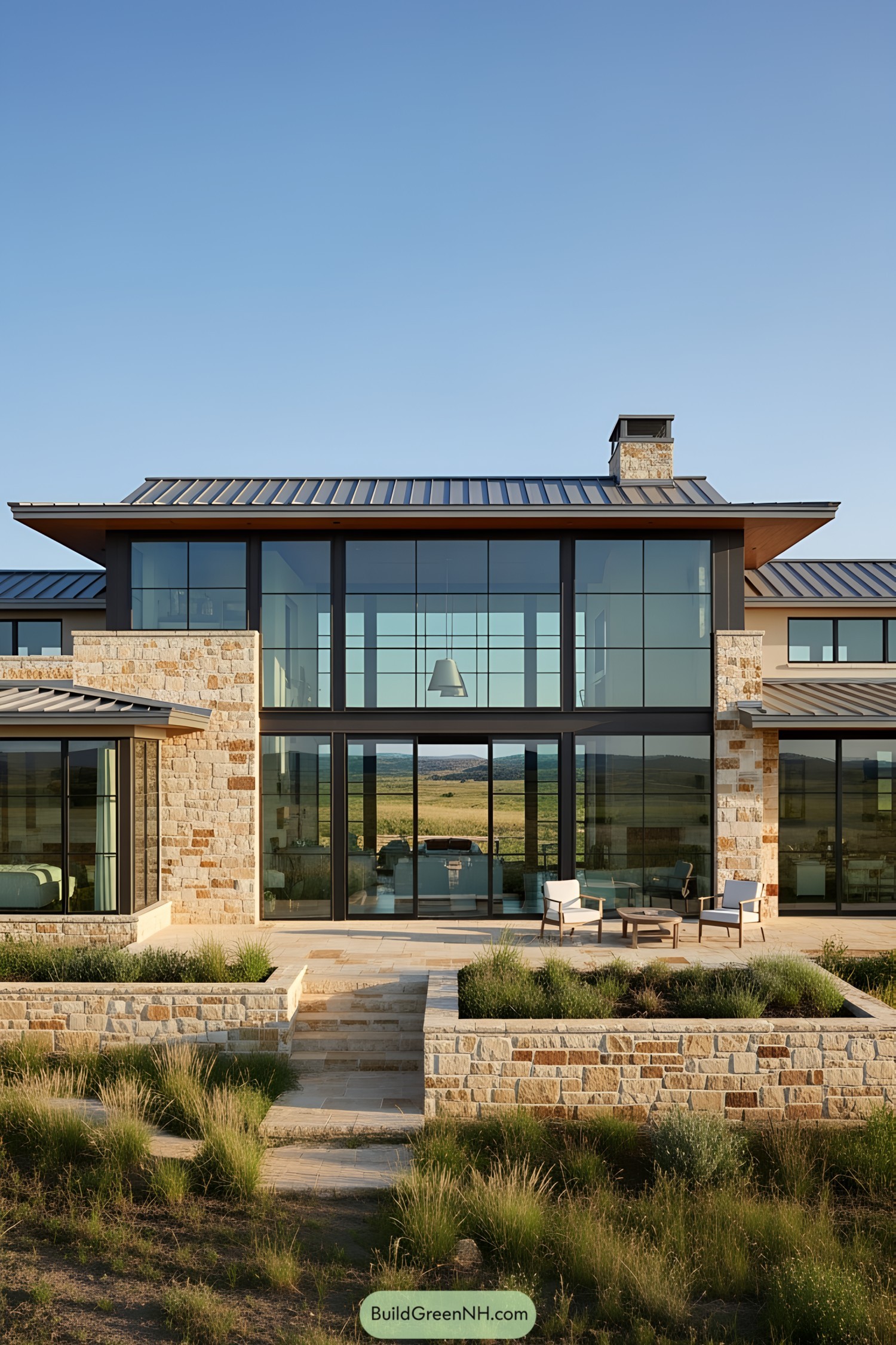 Modern ranch house with stone and glass facade
