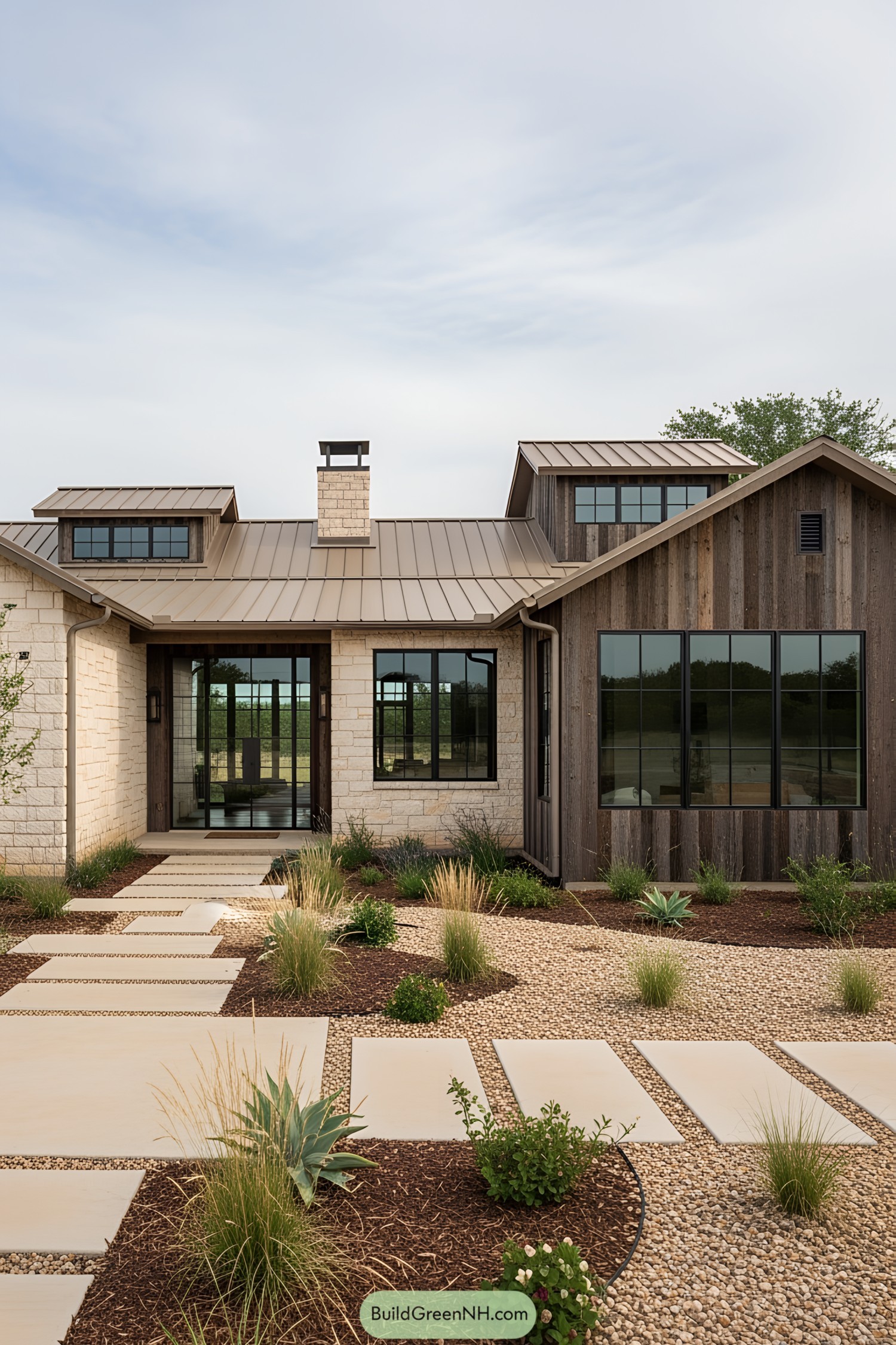 Elegant ranch house with stone and wood accents