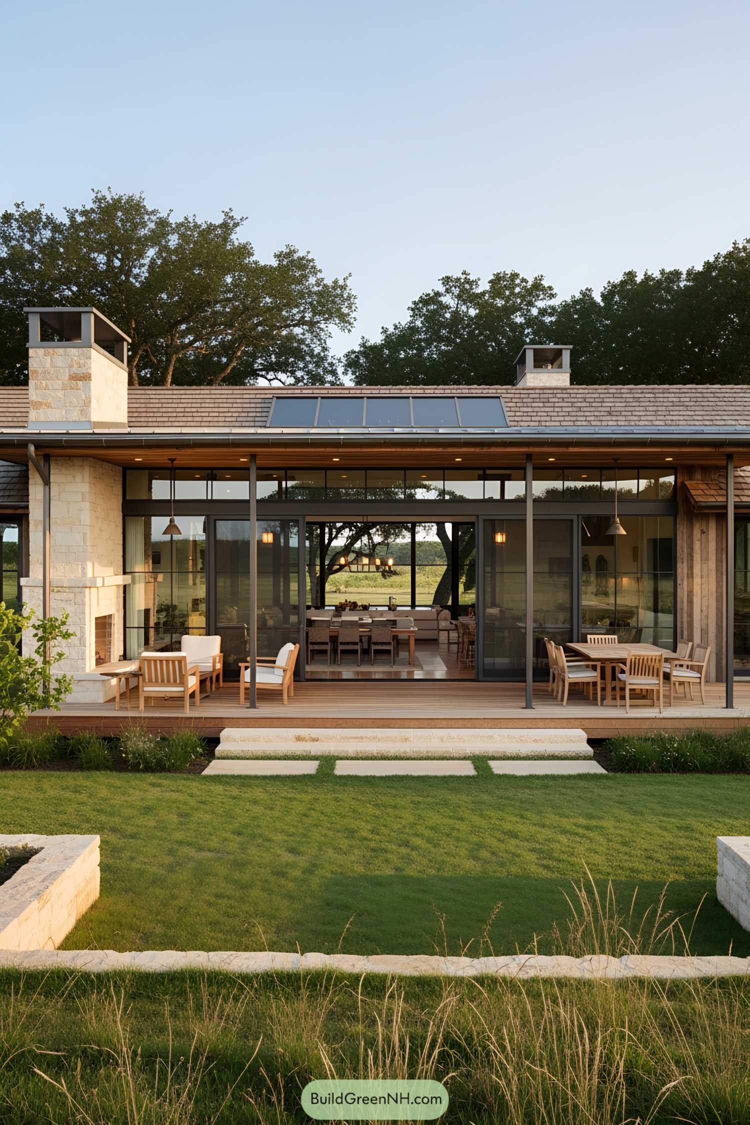 Modern ranch house with glass facade and wooden deck