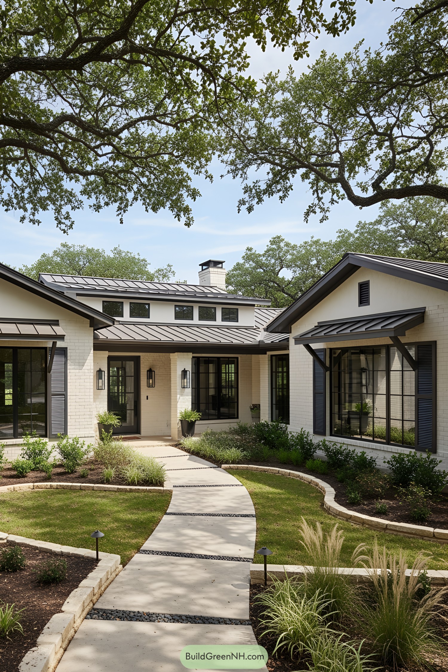 Charming ranch house surrounded by lush foliage