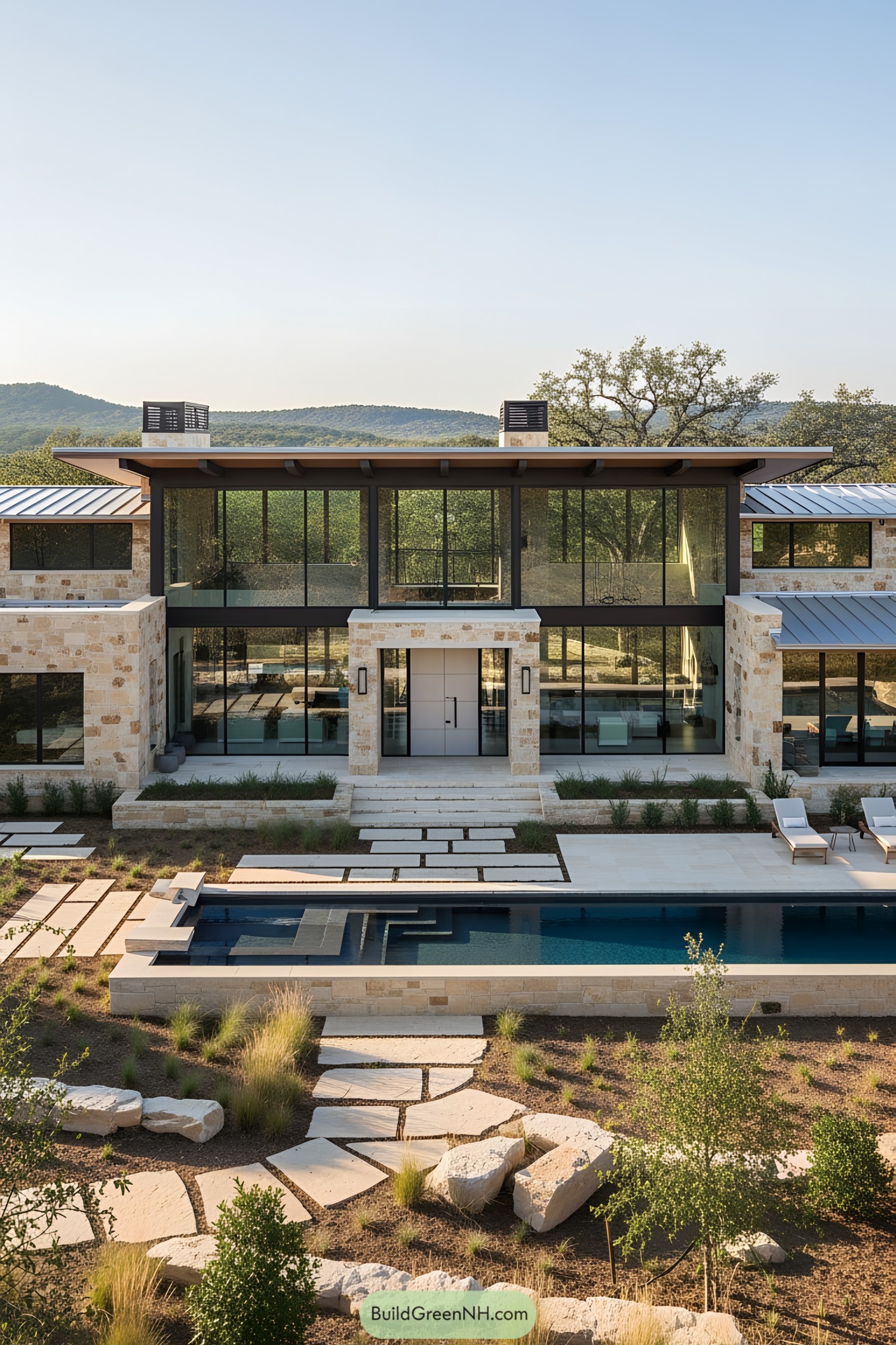 Contemporary stone ranch house with large windows