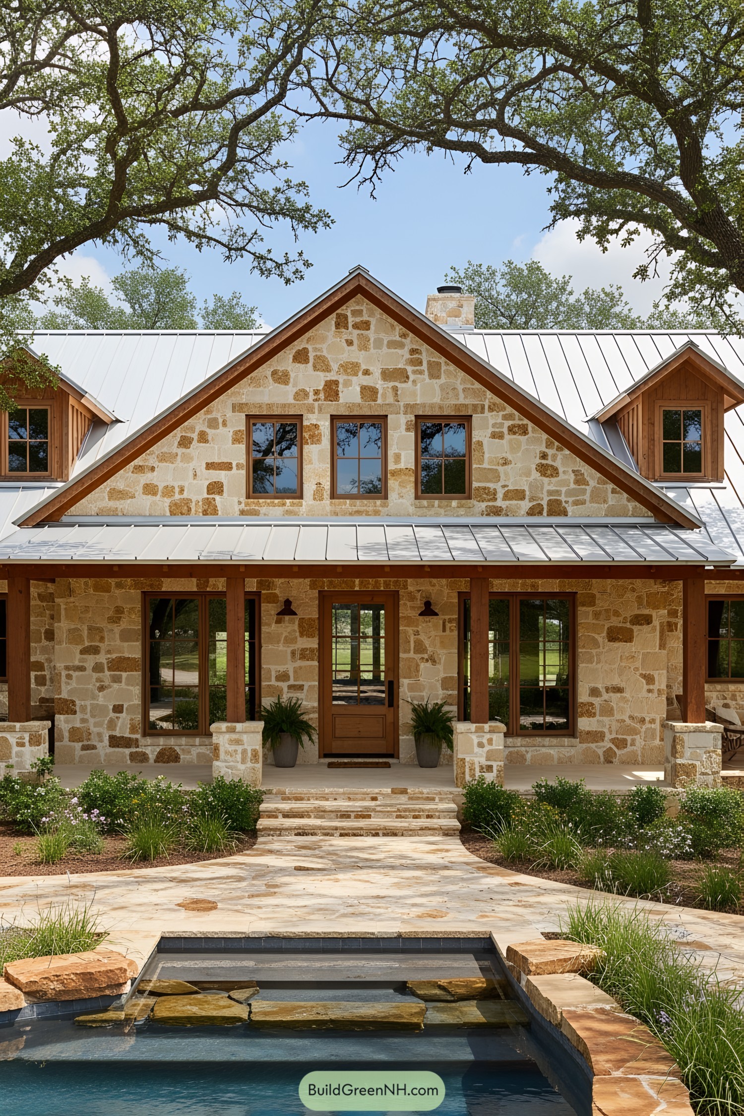Charming stone ranch house with trees and a pool