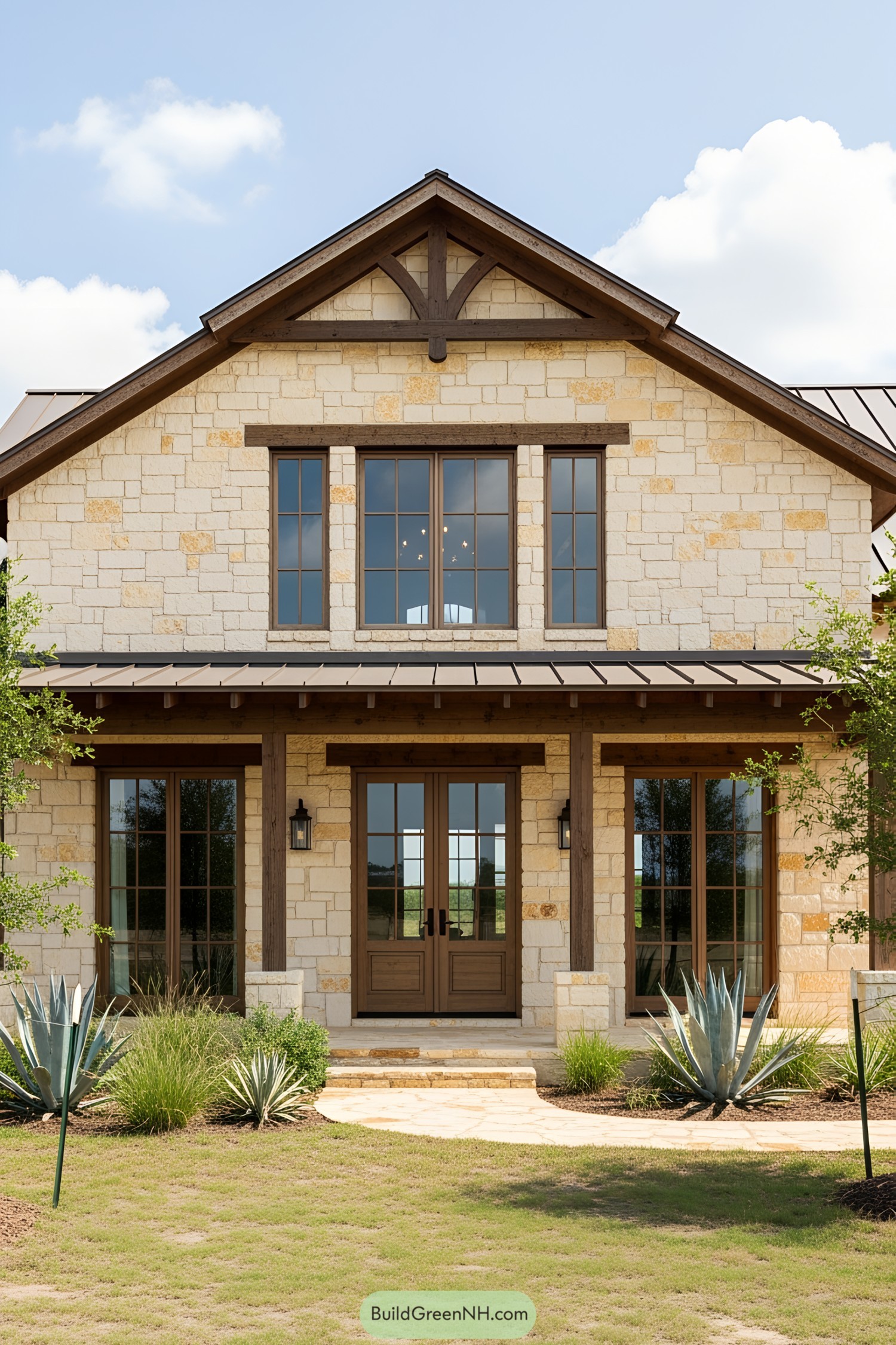 Stone ranch house with wooden accents and rich landscaping