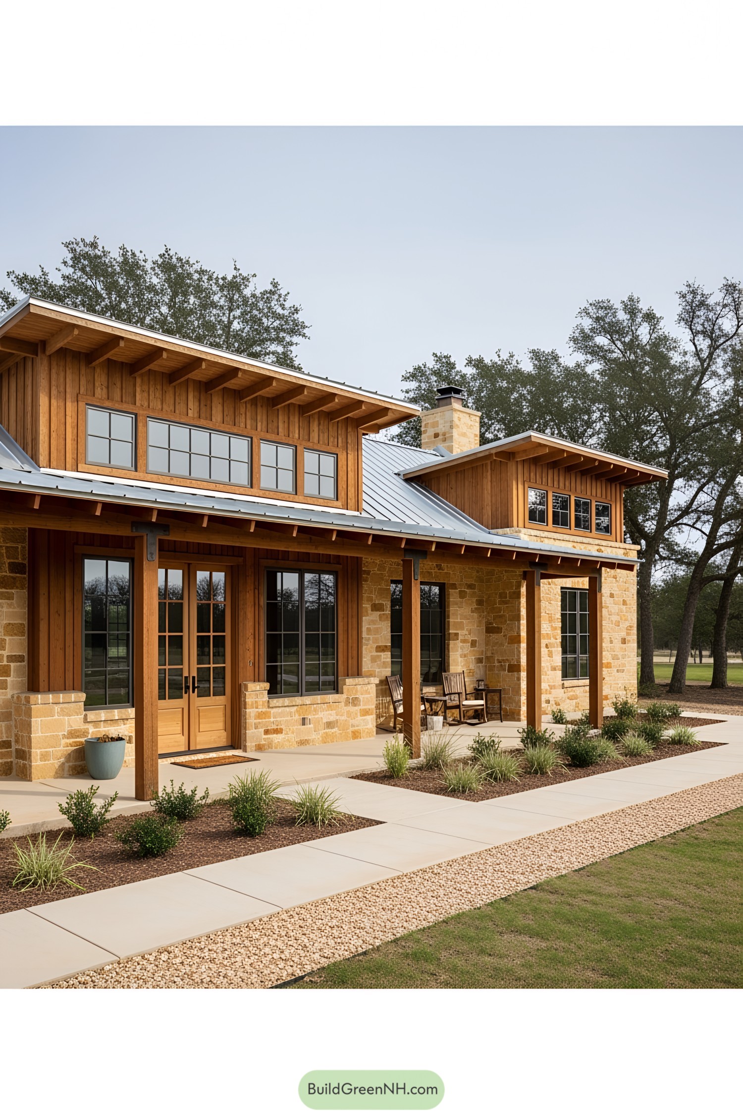 Cozy ranch house with wood and stone details