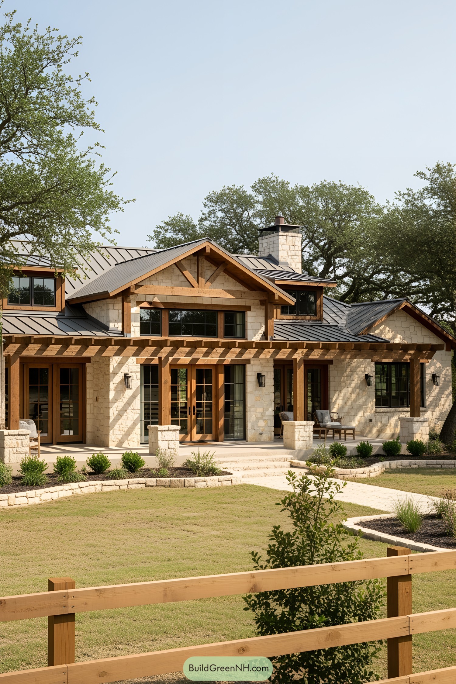 A rustic Texas ranch house with a stone facade and wooden accents