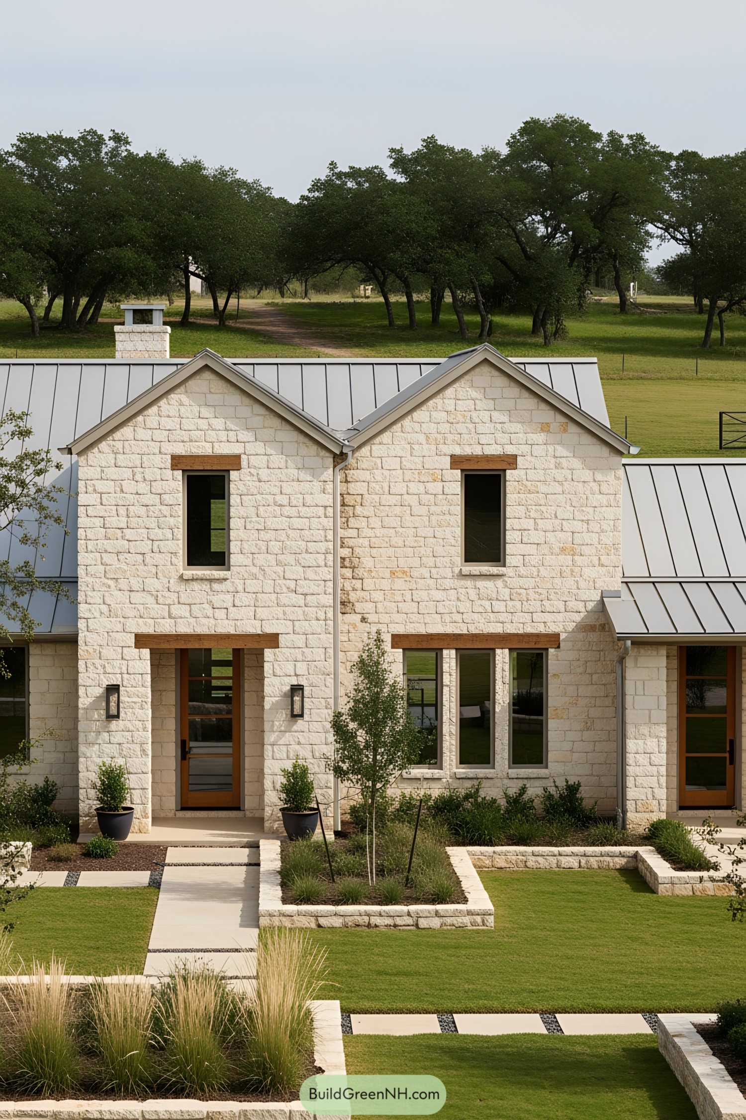 Texas ranch house with stone facade and metal roof amid lush greenery