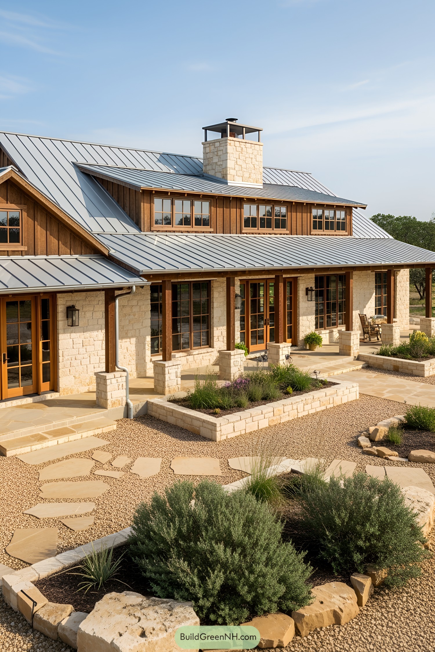 Texas ranch house with metal roof and stone exterior
